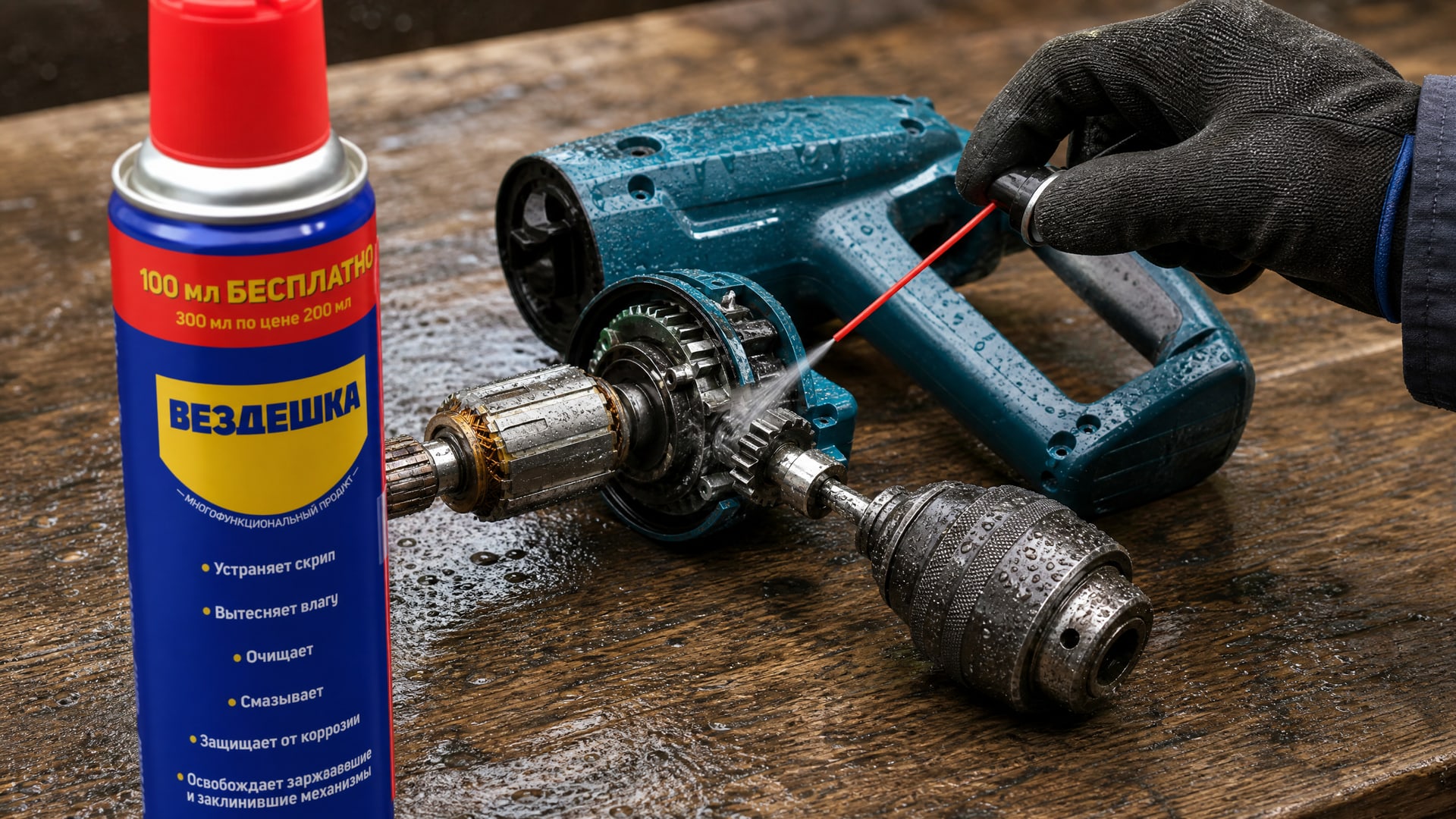 Рука в перчатке наносит универсальную смазку WD40 на электроинструмент.