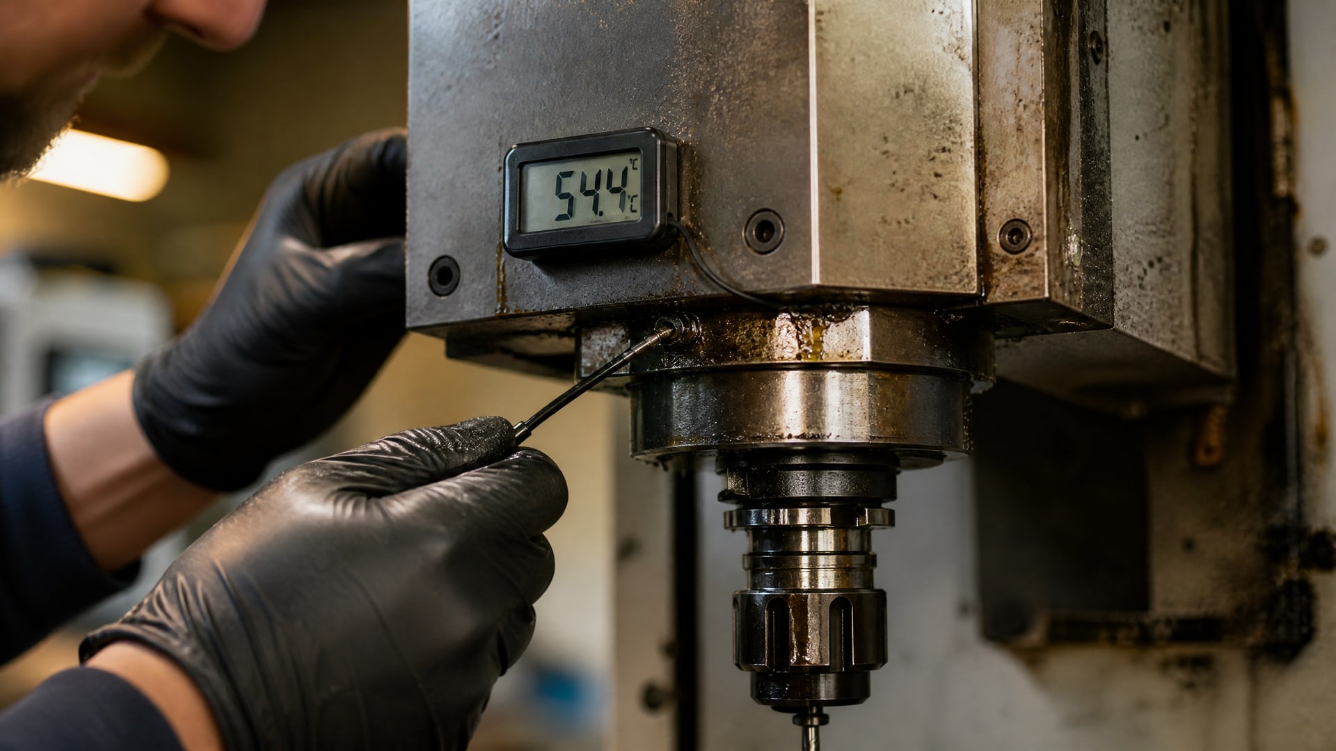 Термометр показывает 54.4°C на корпусе запыленного шпинделя станка с остатками смазки.
