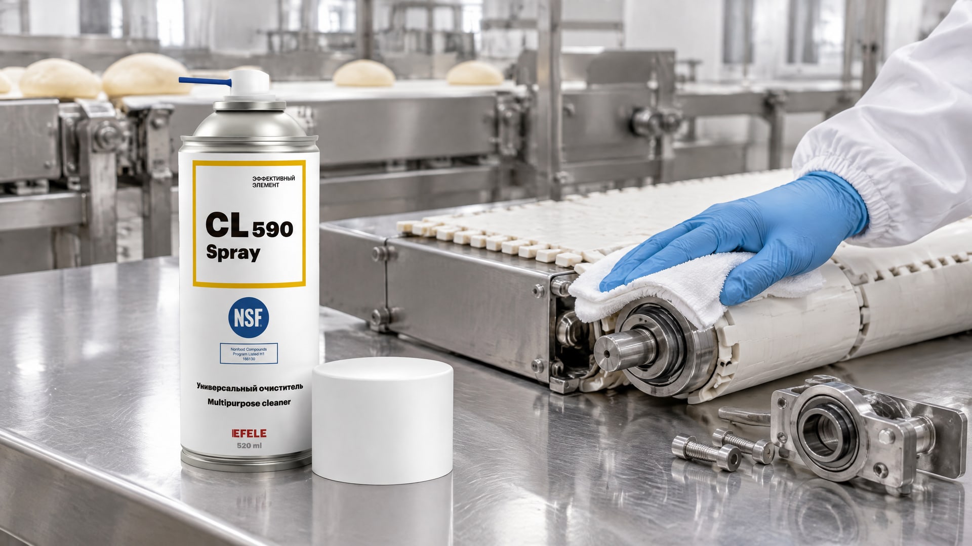 Рука в перчатке наносит универсальный очиститель EFELE CL-590 Spray для оборудования.