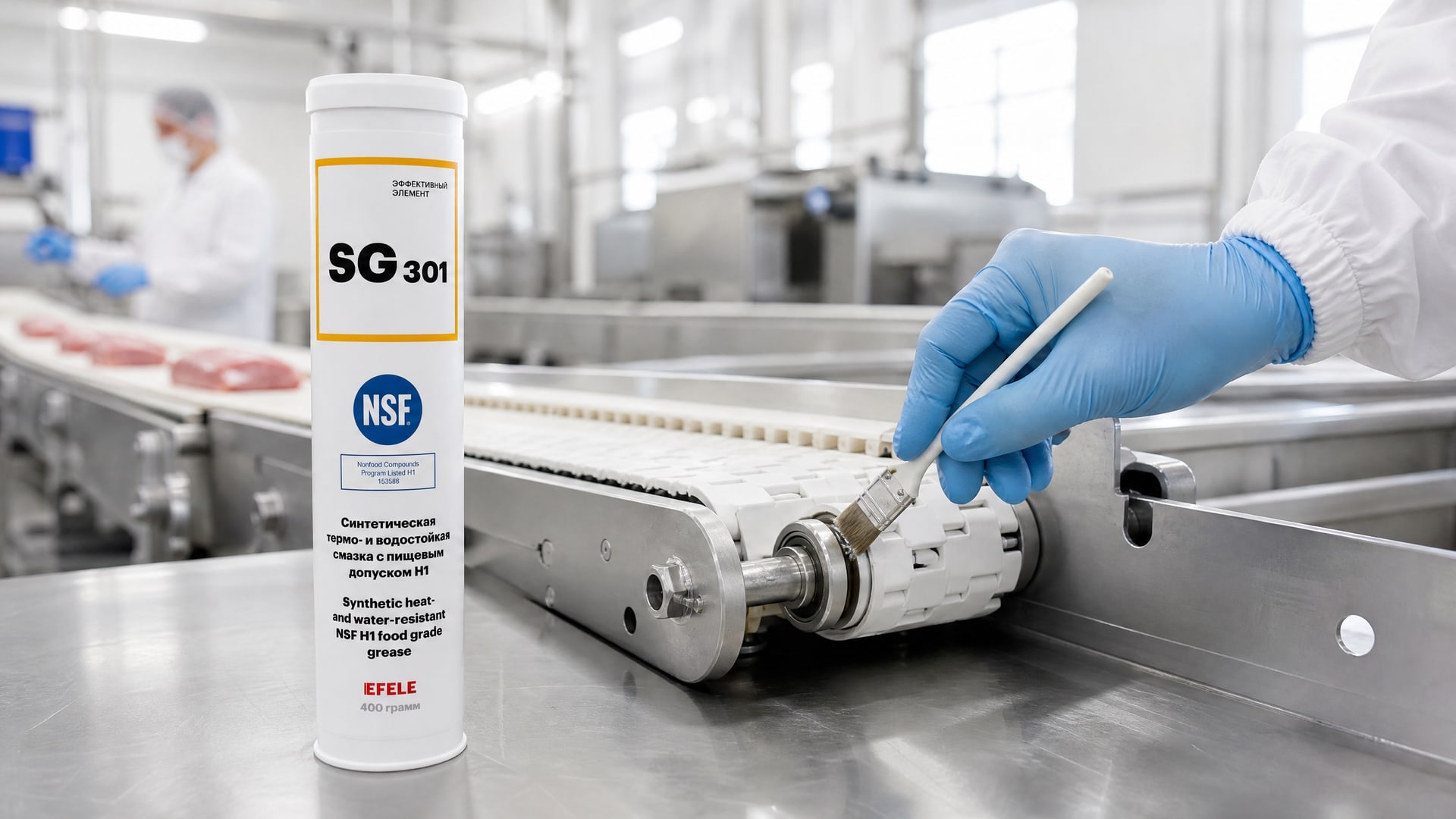 Рука наносит пищевую смазку EFELE SG-301 на оборудование.