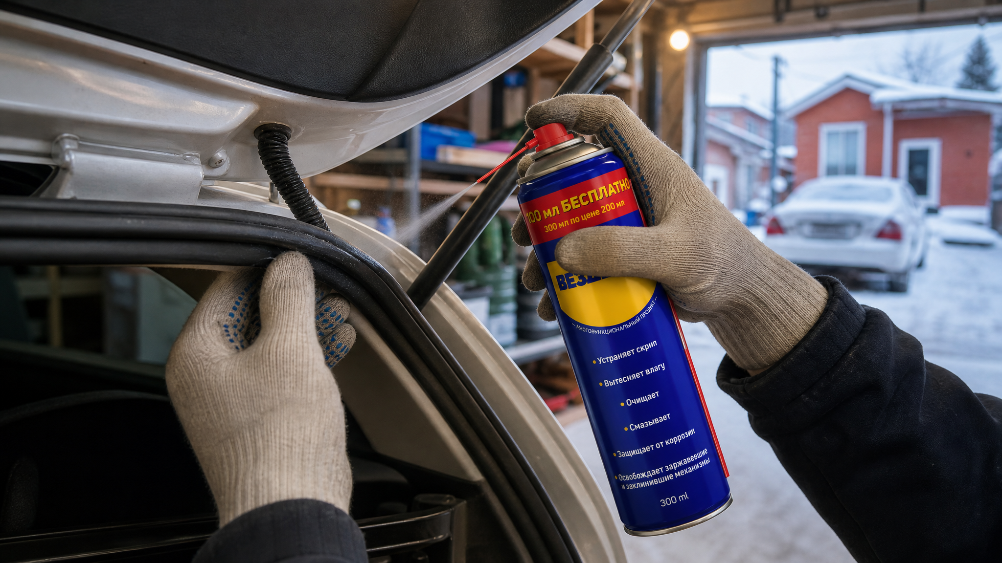 Рука в перчатке распыляет универсальную смазку wd-40.