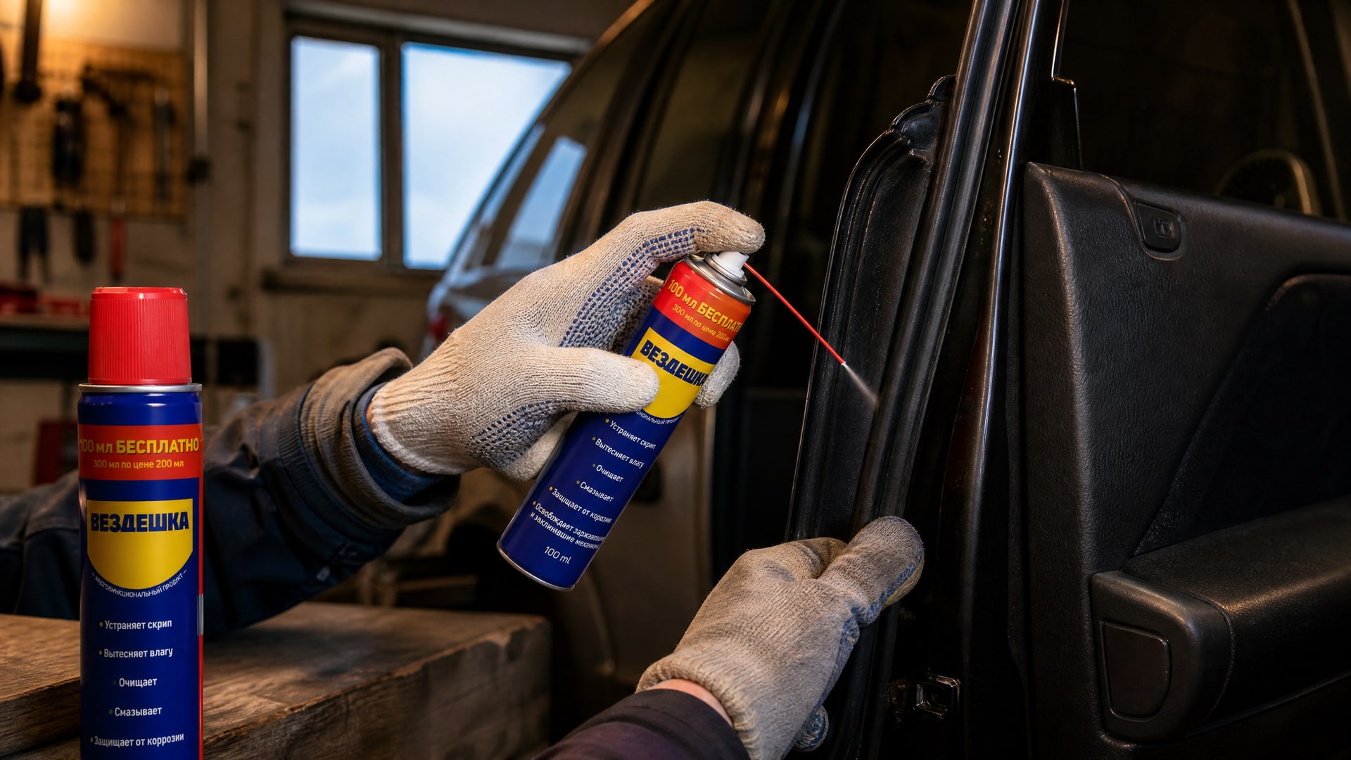 Рука в перчатке наносит универсальную смазку WD-40 на уплотнители двери.