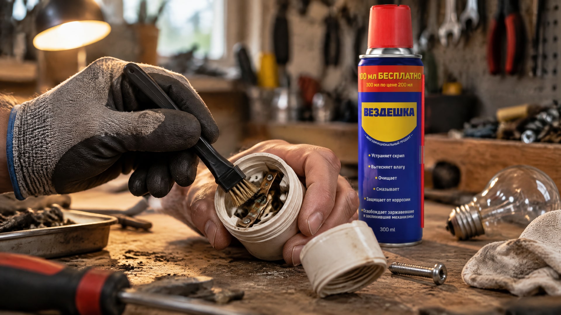 Рука в перчатке наносит универсальную смазку WD-40 на контакты.