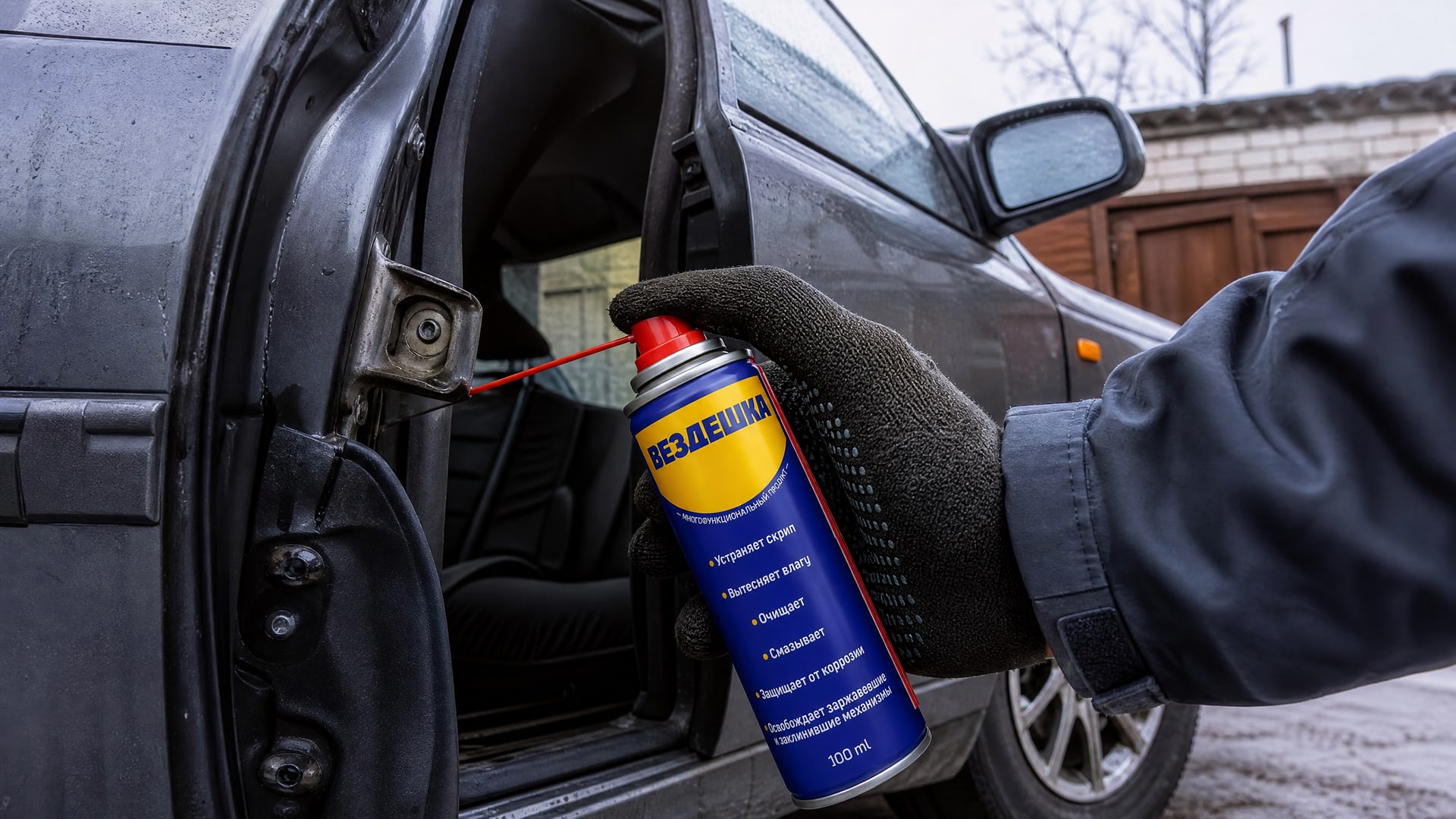 Рука в перчатке наносит универсальную смазку WD-40 на дверные петли.