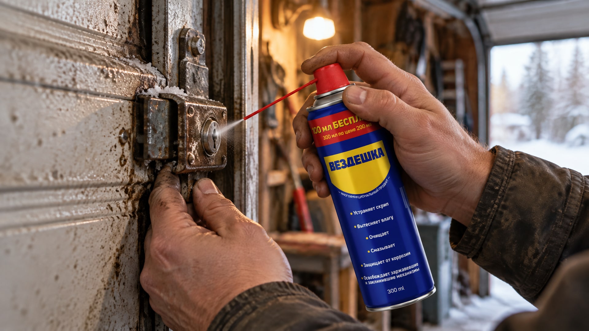 Рука в перчатке наносит универсальную смазку WD-40.