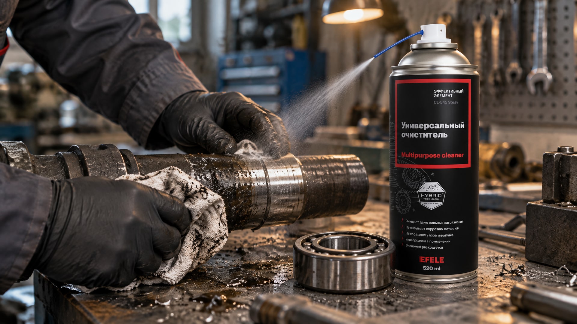 Рука наносит EFELE CL-545 Spray для ремонта посадочного места подшипника.