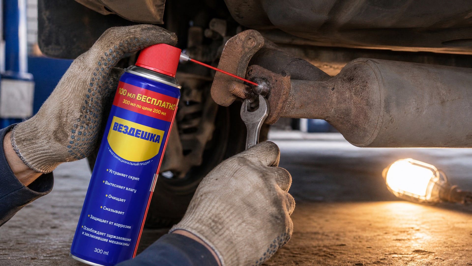 Рука в перчатке наносит универсальную смазку wd-40 на болты глушителя.
