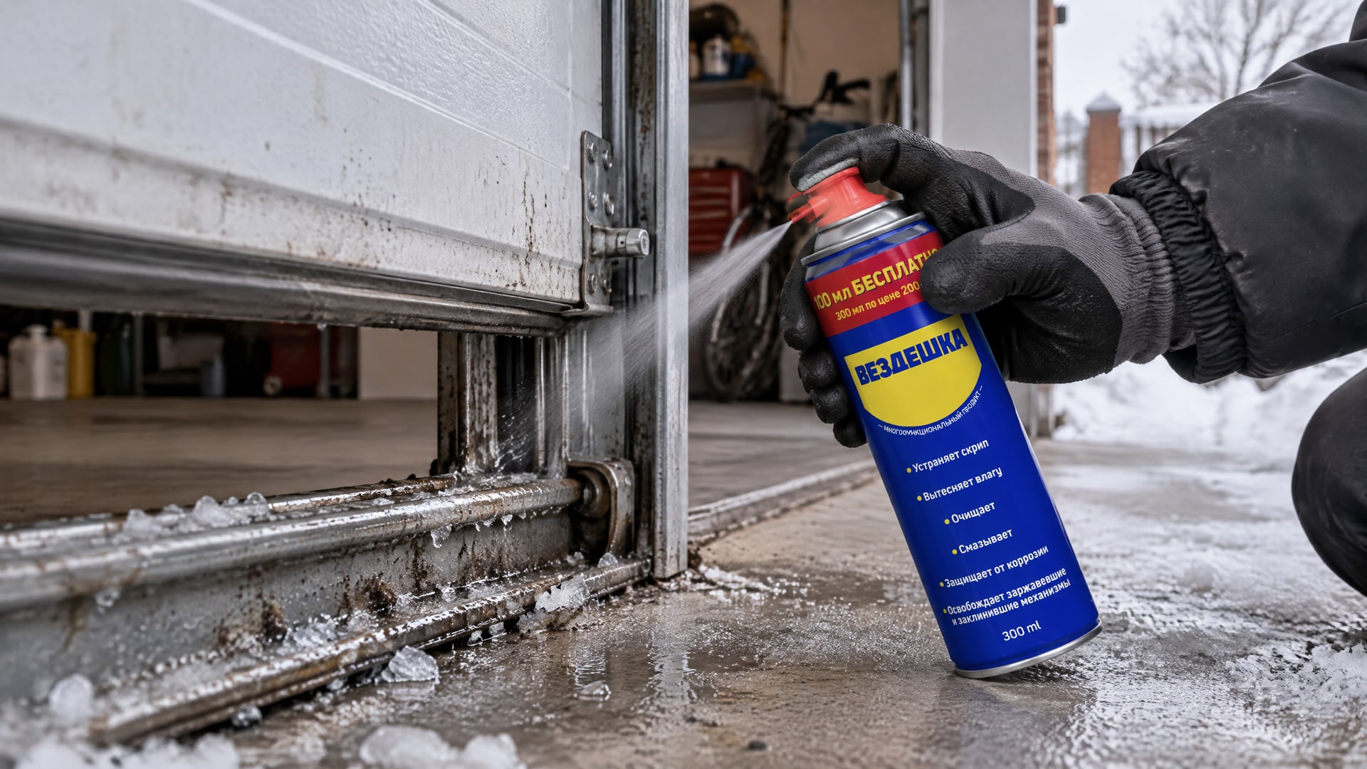 Рука наносит универсальную смазку wd-40 на направляющие гаражных ворот.