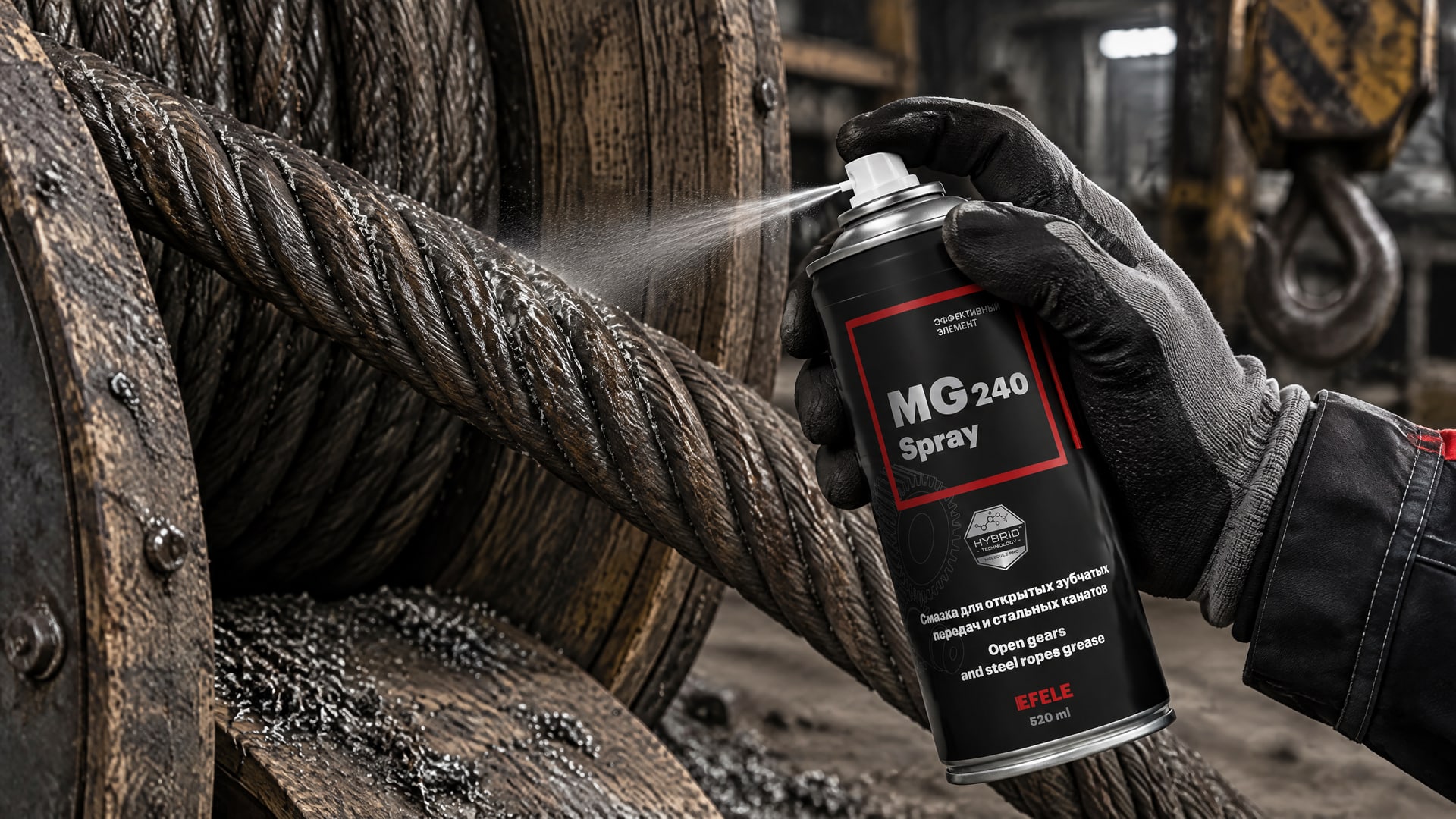 Рука наносит смазку EFELE MG-240 Spray на канат.