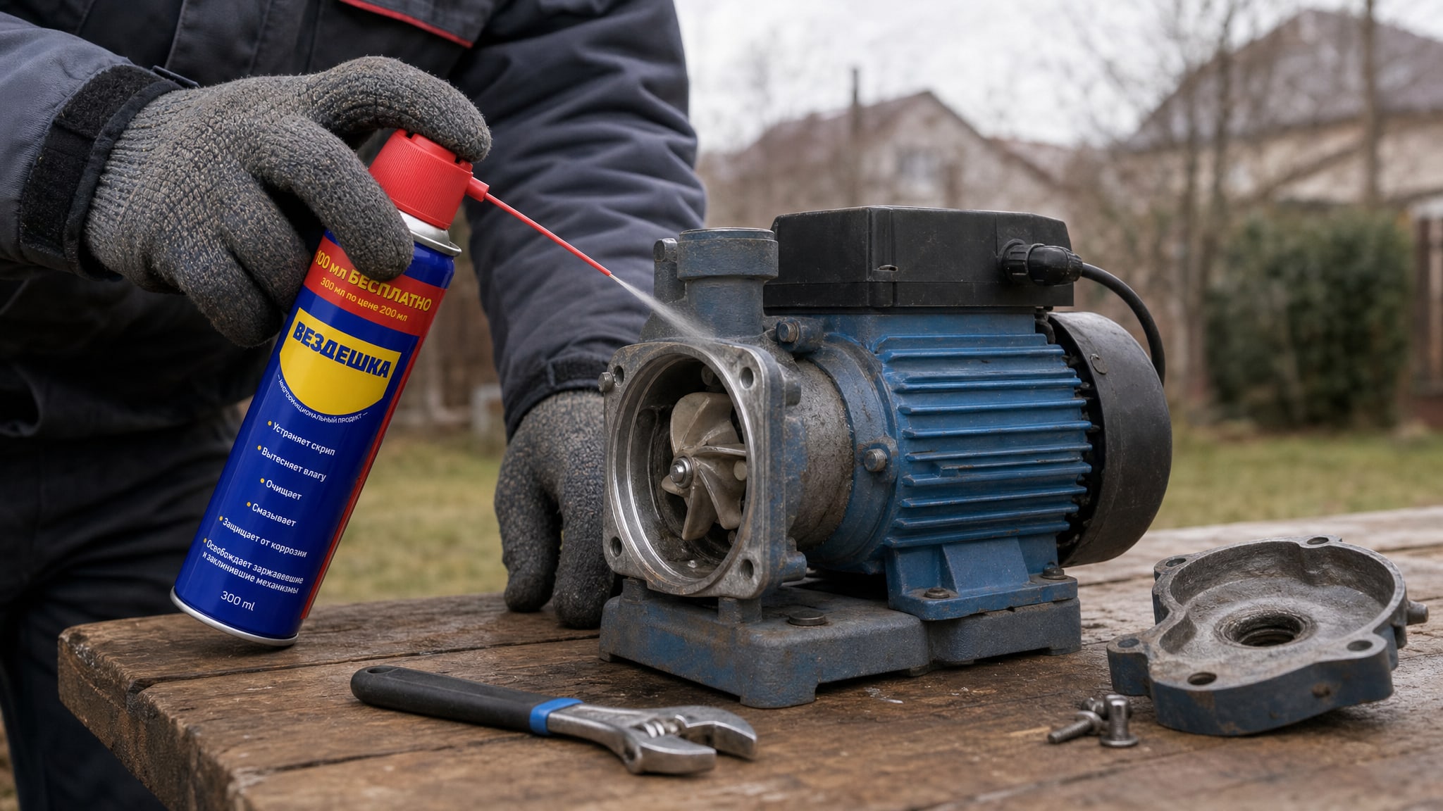 Рука в перчатке наносит универсальную смазку wd-40 на металлическую деталь.