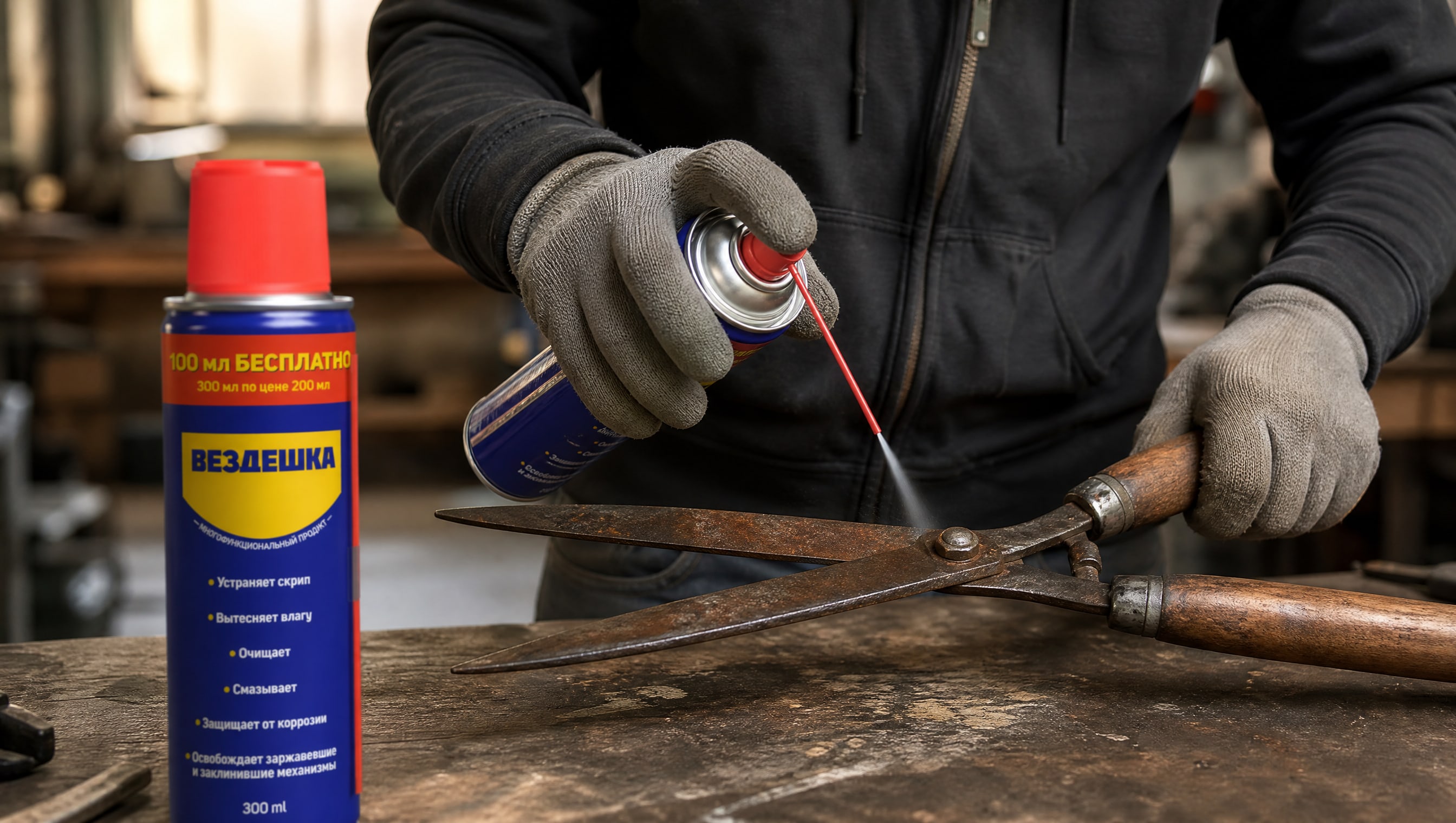 Рука в перчатке наносит универсальную смазку wd-40 на садовый инструмент.