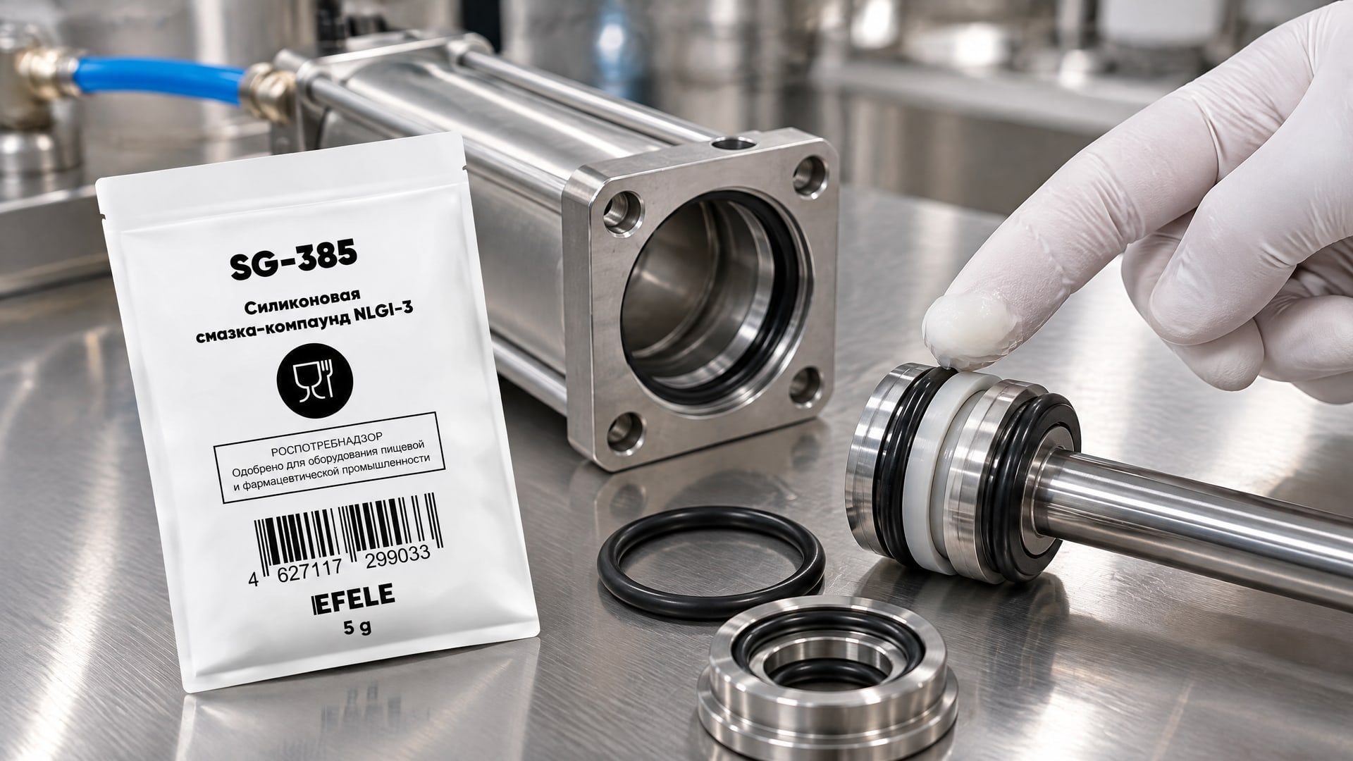 Нанесение пищевой смазки EFELE SG-385 (силиконовая, NSF H1) на оборудование.
