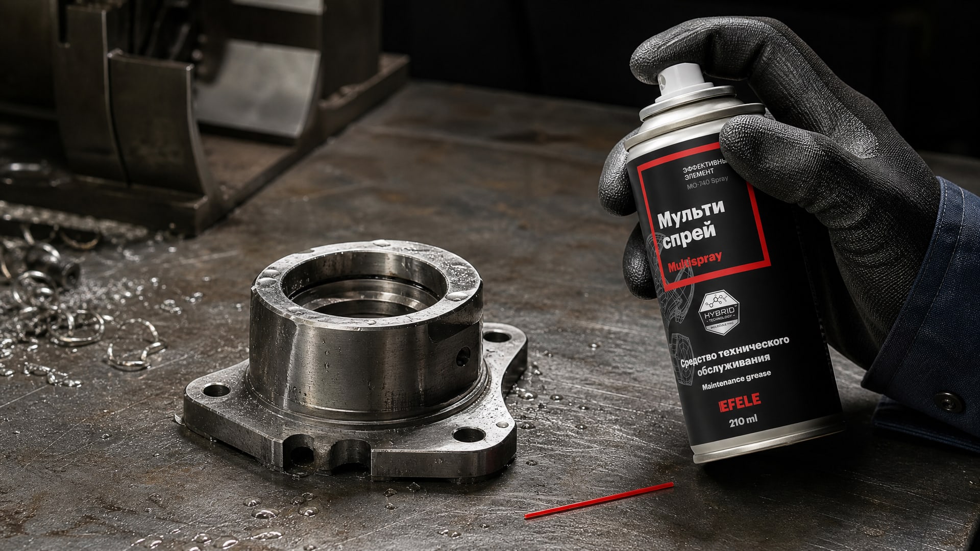 Рука в перчатке наносит EFELE MO-740 Spray для защиты деталей от коррозии.