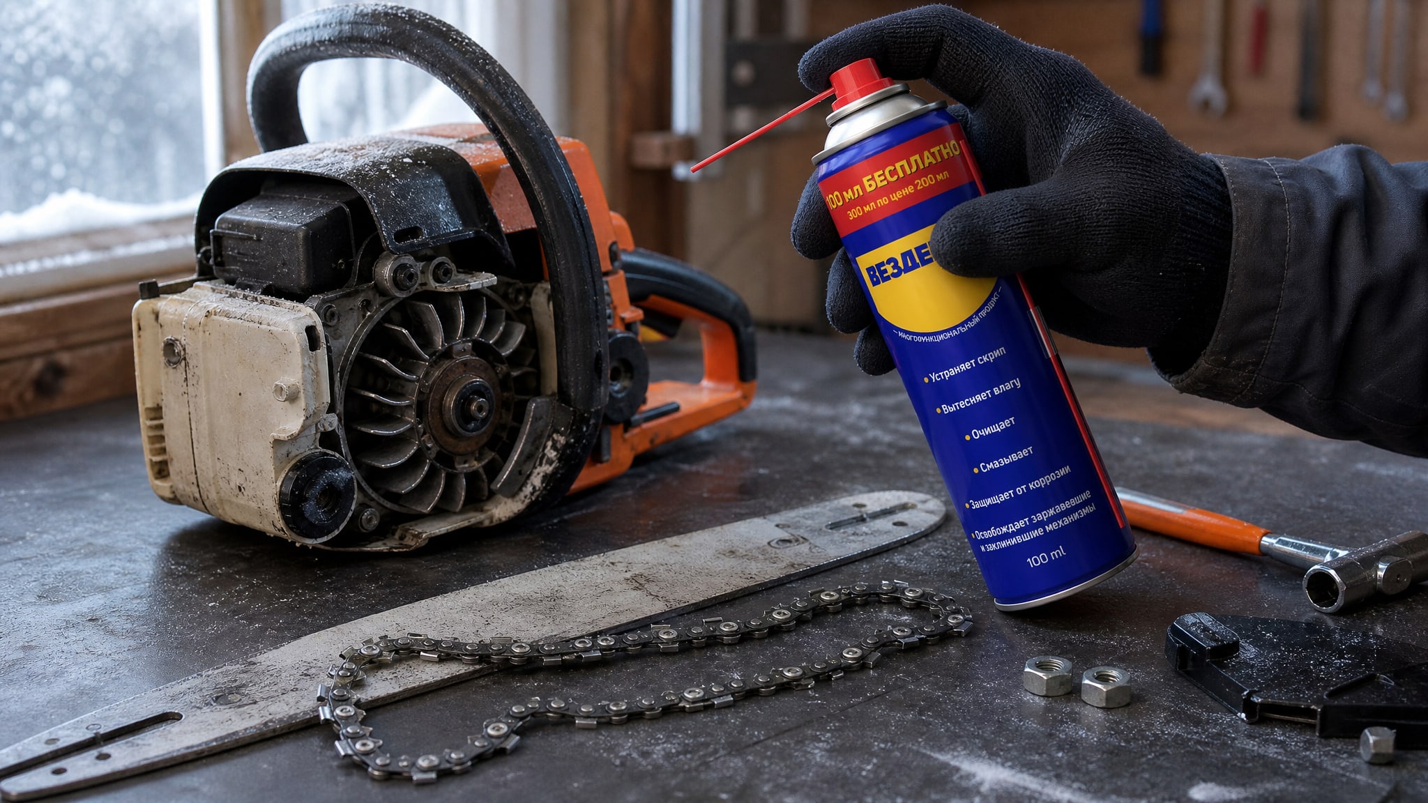 Рука смазывает бензопилу спреем WD40.