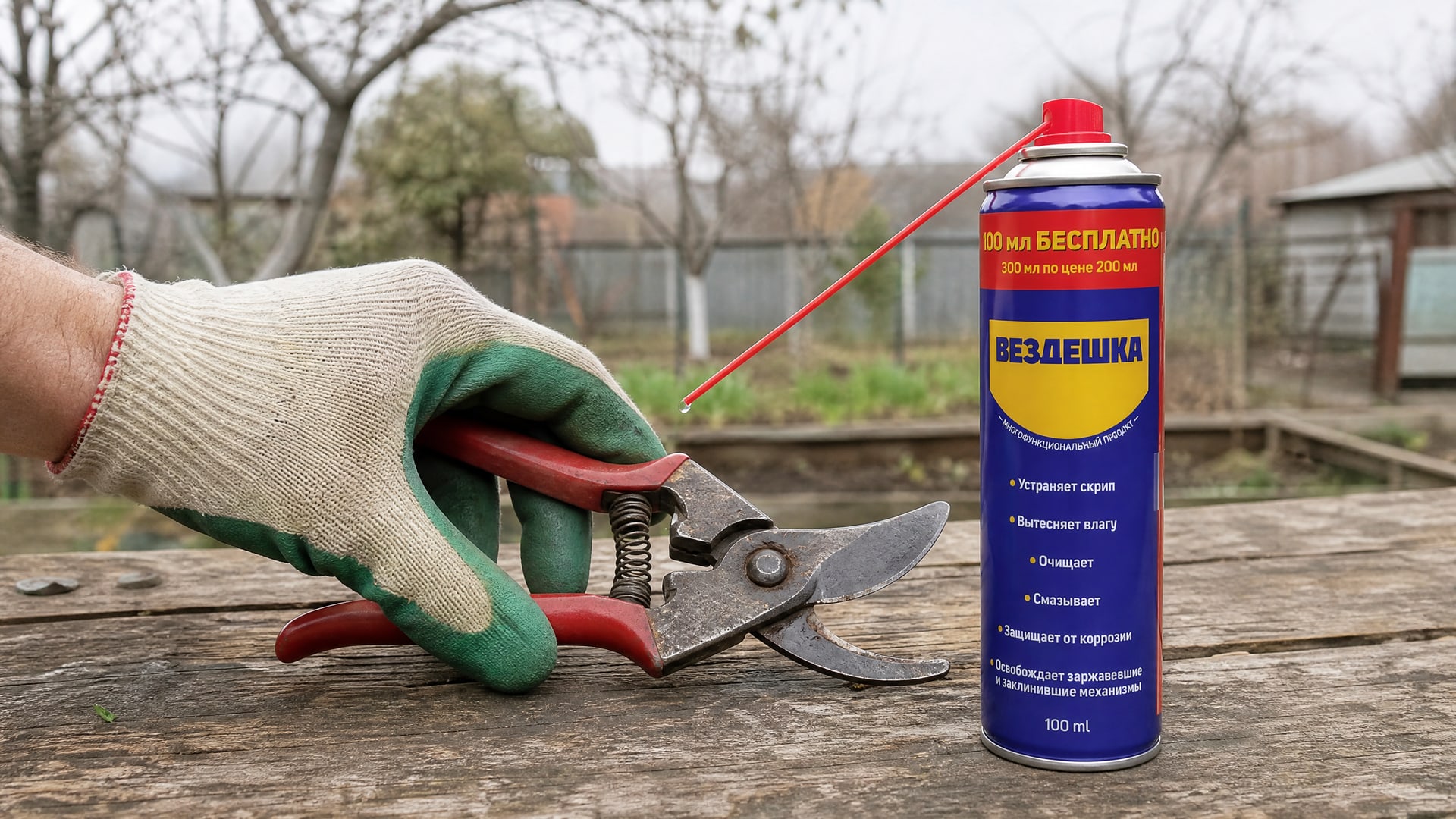 Рука наносит универсальную смазку WD40 на садовые ножницы.