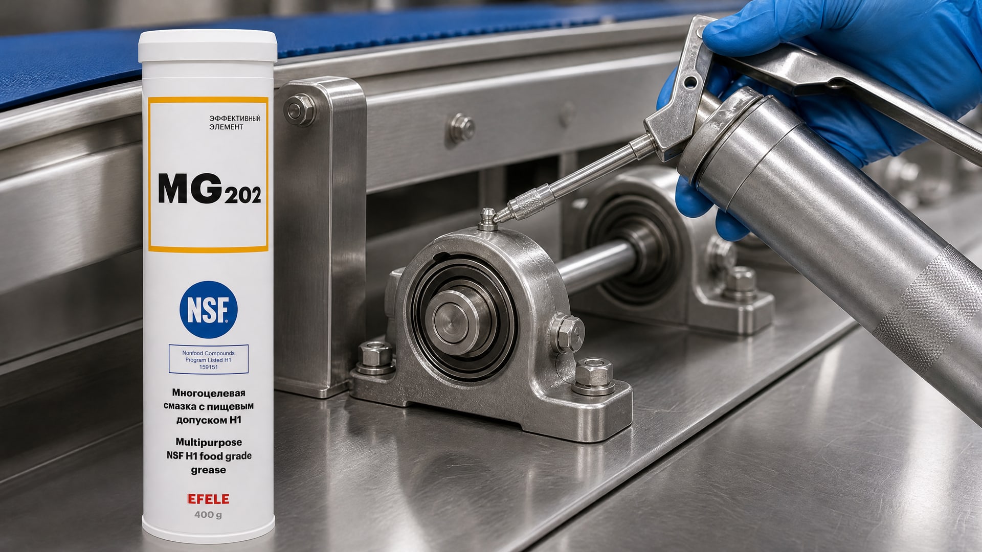 Рука наносит смазку EFELE MG-202 (NSF H1) для защиты пищевых продуктов.