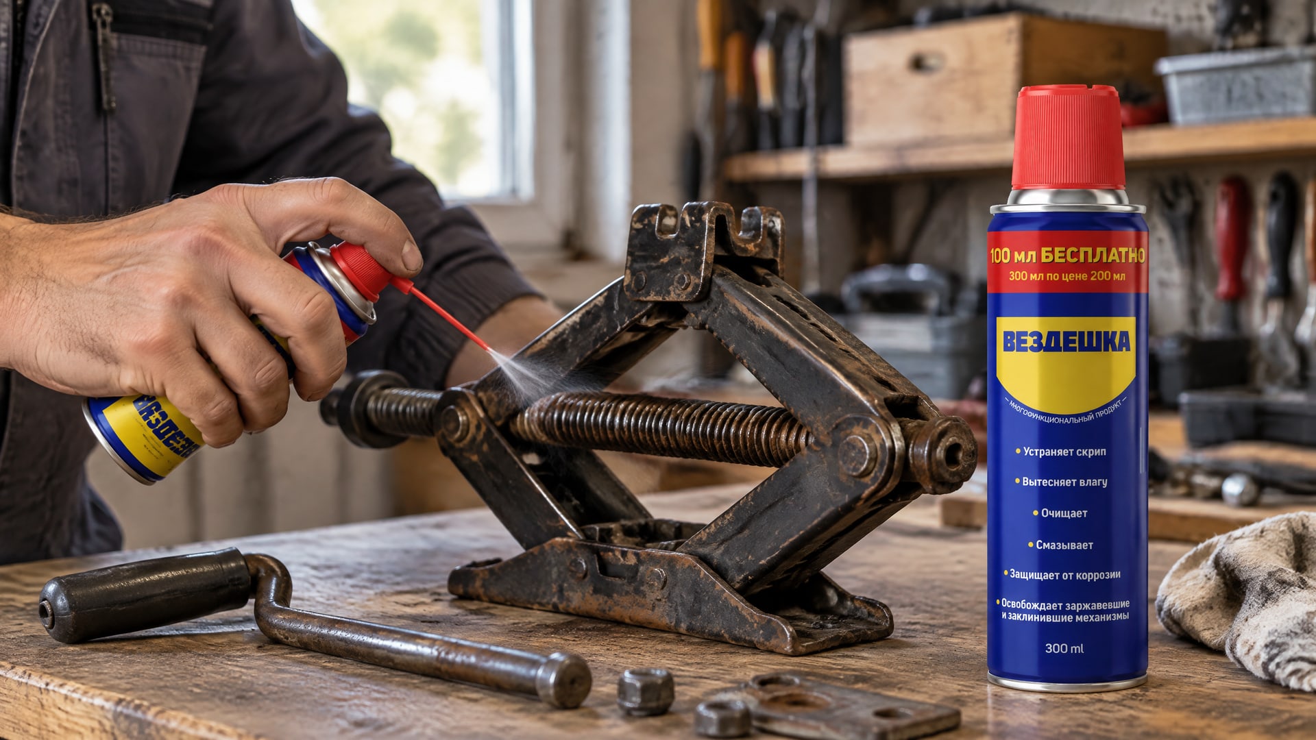 Рука наносит смазку WD40 на механизм домкрата. Рука наносит смазку WD40 на механизм домкрата.