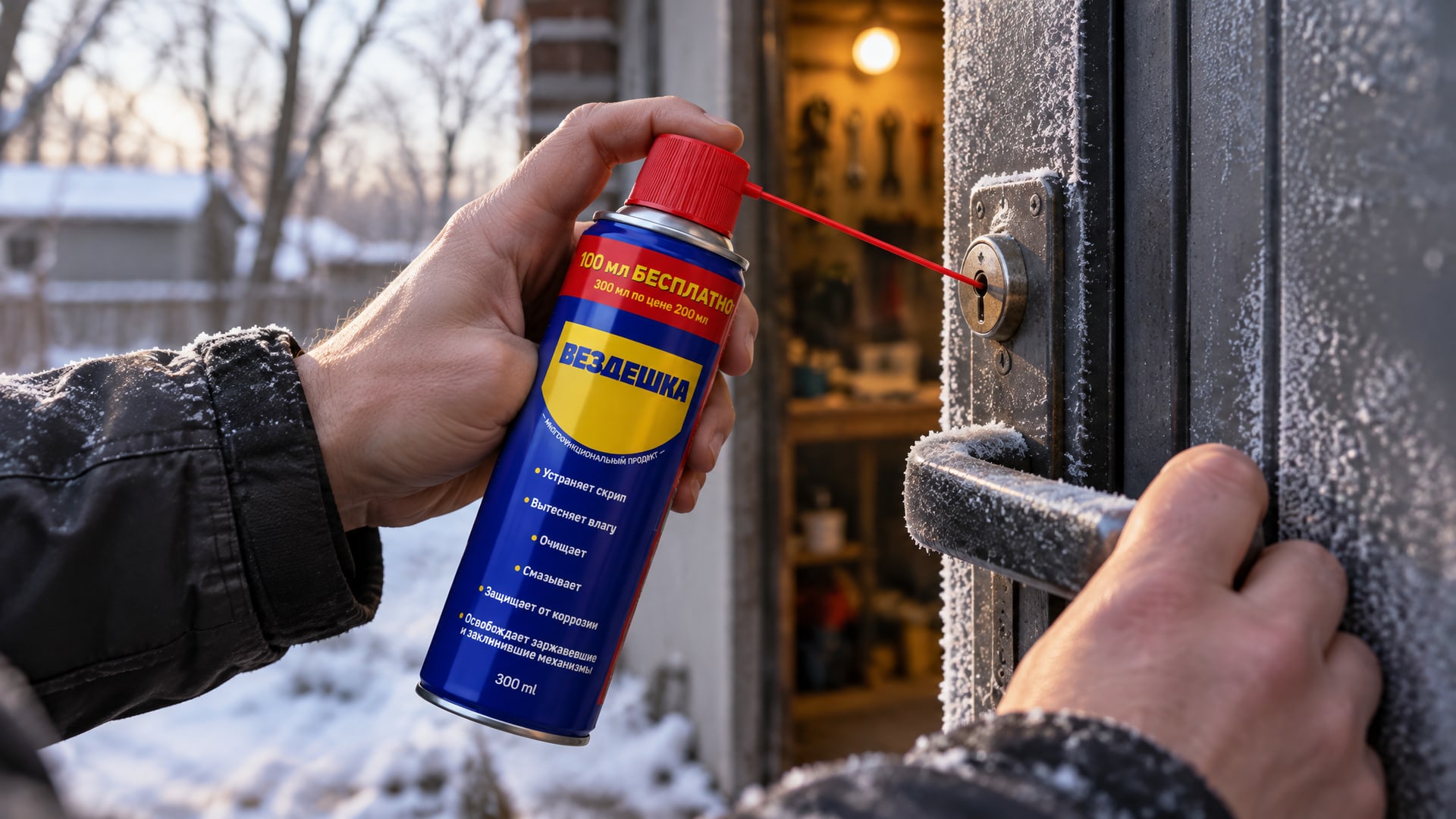 Рука в перчатке наносит WD-40 на замок для смазки и защиты.