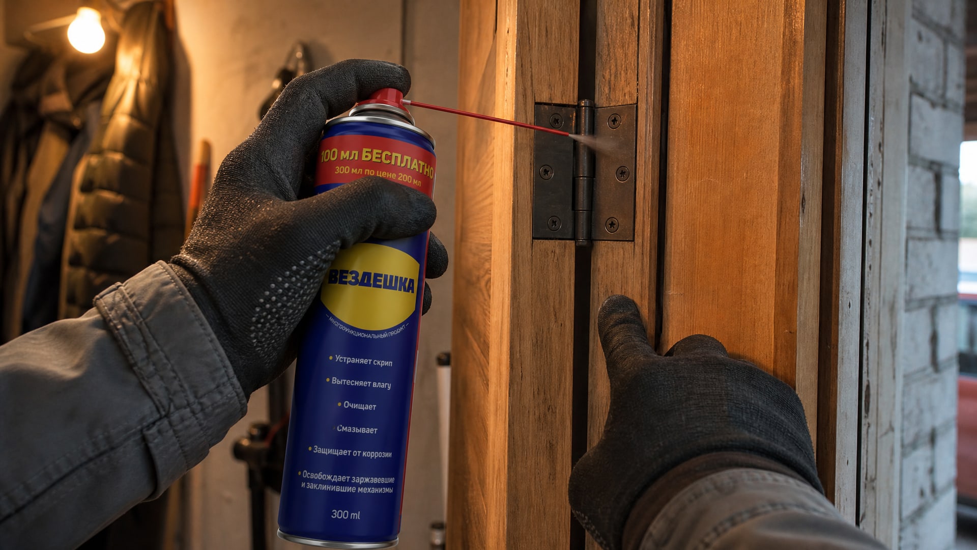 Рука в перчатке наносит универсальную смазку WD-40 на петли двери.