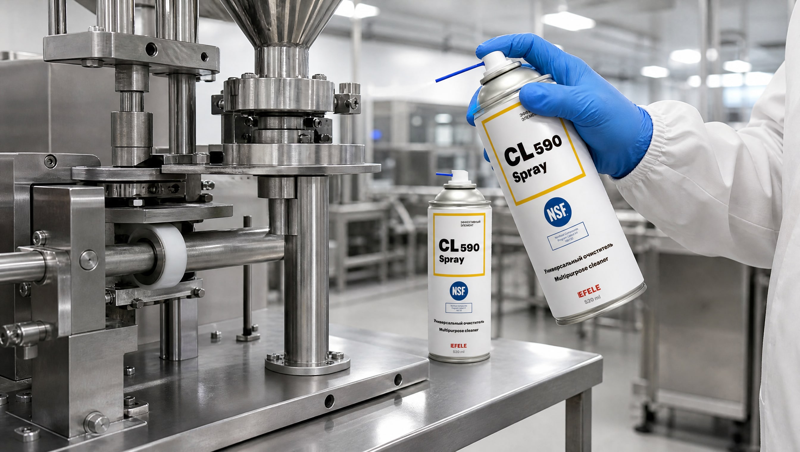 Универсальный EFELE CL-590 Spray очищает оборудование, предотвращая загрязнение продукта.