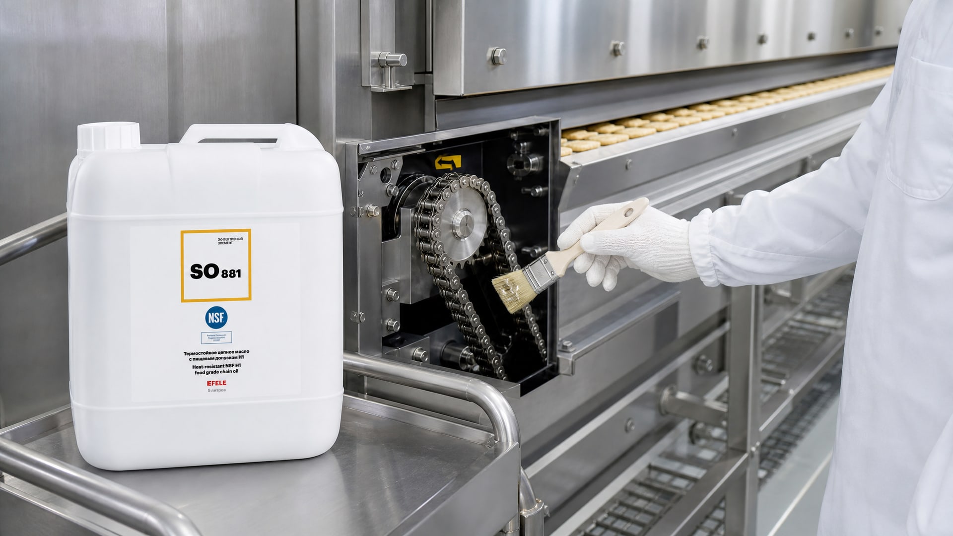 Нанесение EFELE SO-881 (термостойкое цепное, NSF H1) на оборудование для смазки.