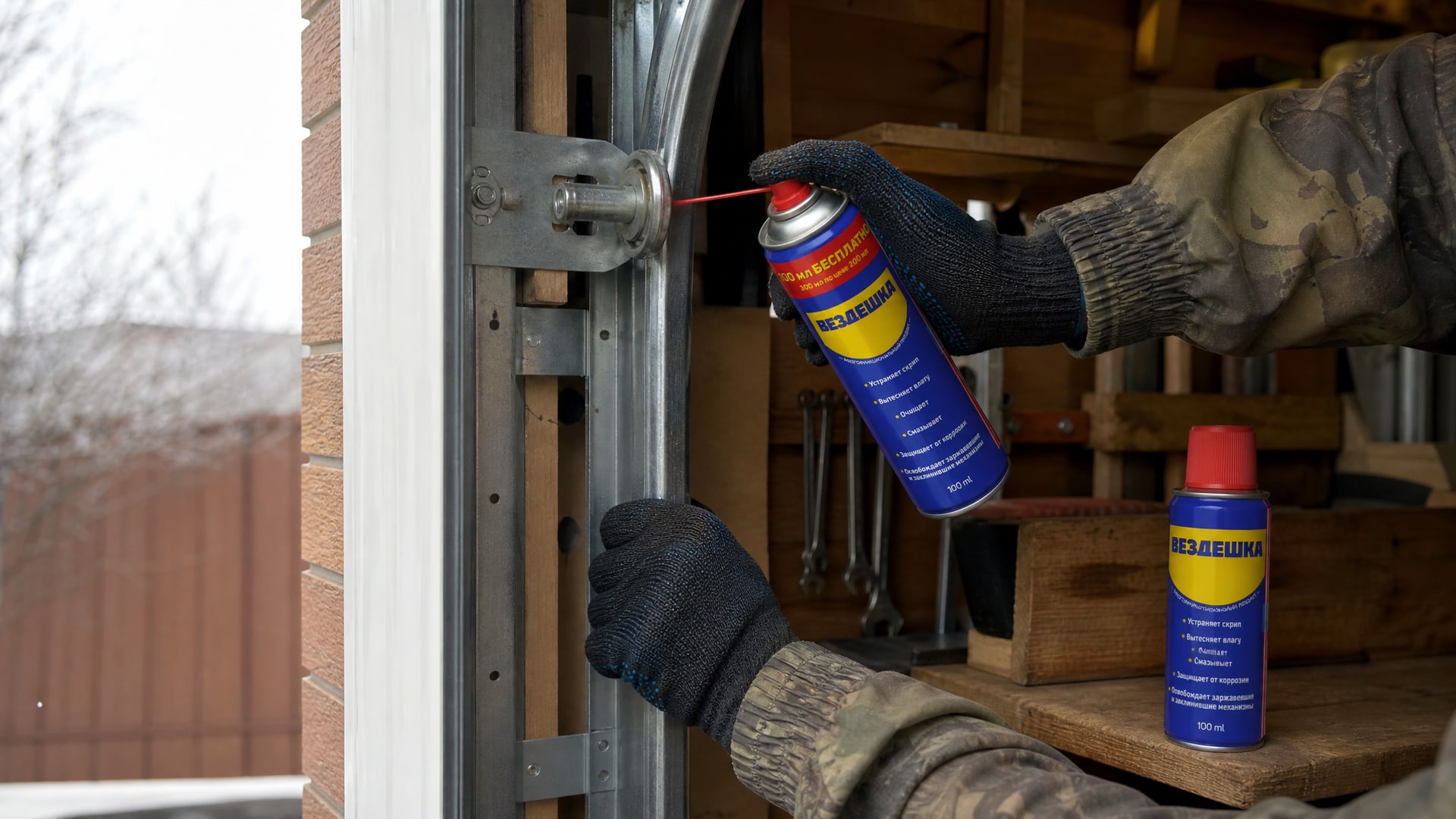 Рука в перчатке наносит универсальную смазку WD40 на направляющие гаражных ворот.