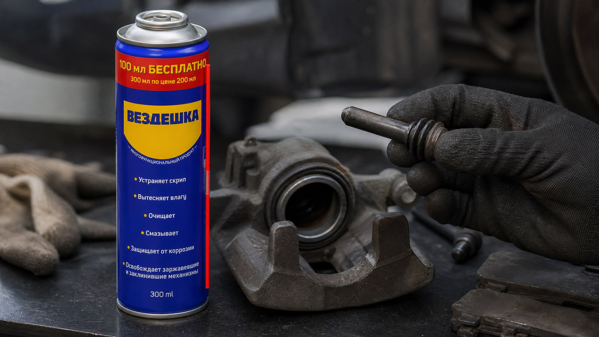 Рука в перчатке наносит универсальную смазку wd-40 на суппорт.