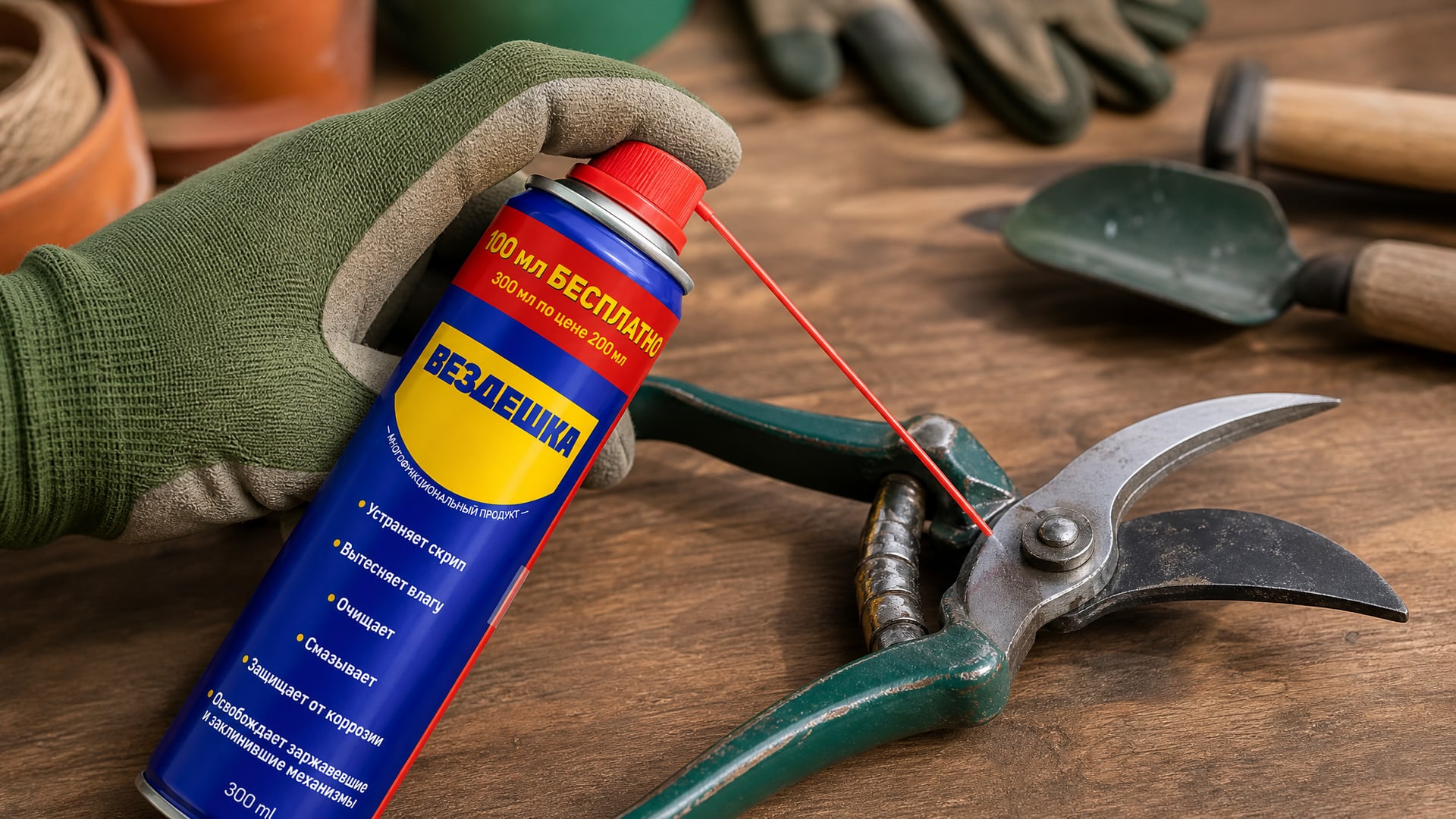 Рука в перчатке наносит универсальную смазку wd-40 на садовый инструмент.