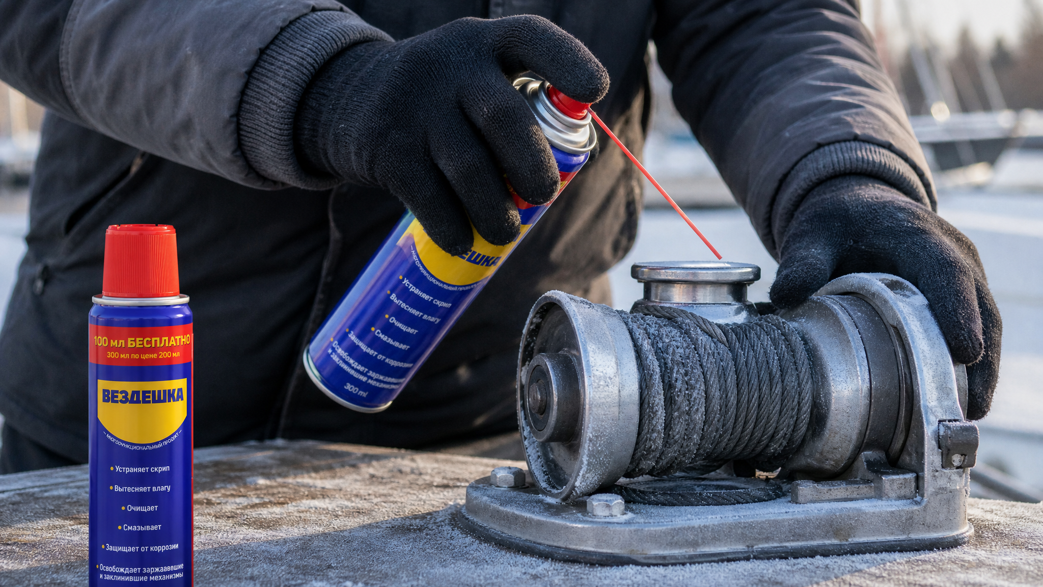 Рука в перчатке наносит универсальный смазку wd-40 на трос лебедки.