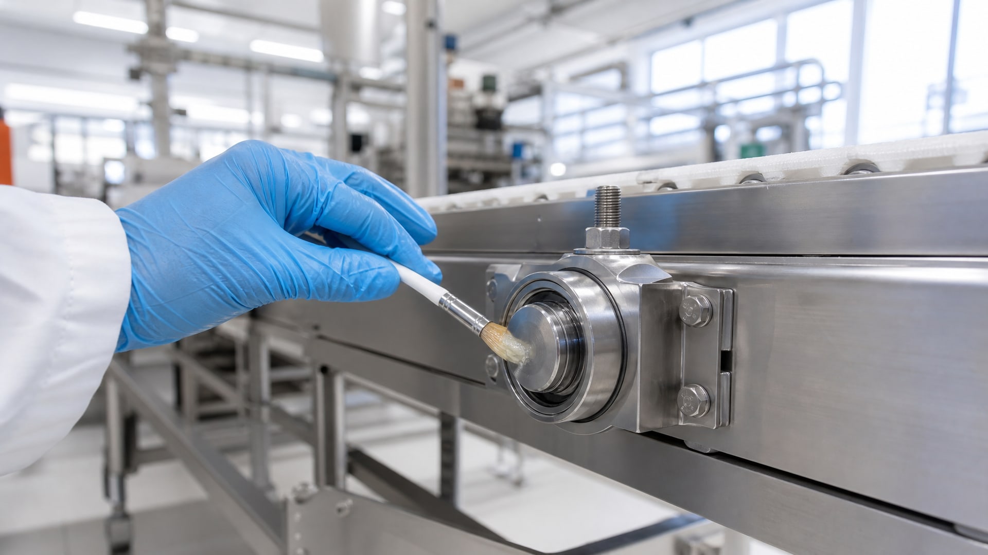 Рука работника аккуратно наносит смазку контакт с продуктом на подшипник конвейера.