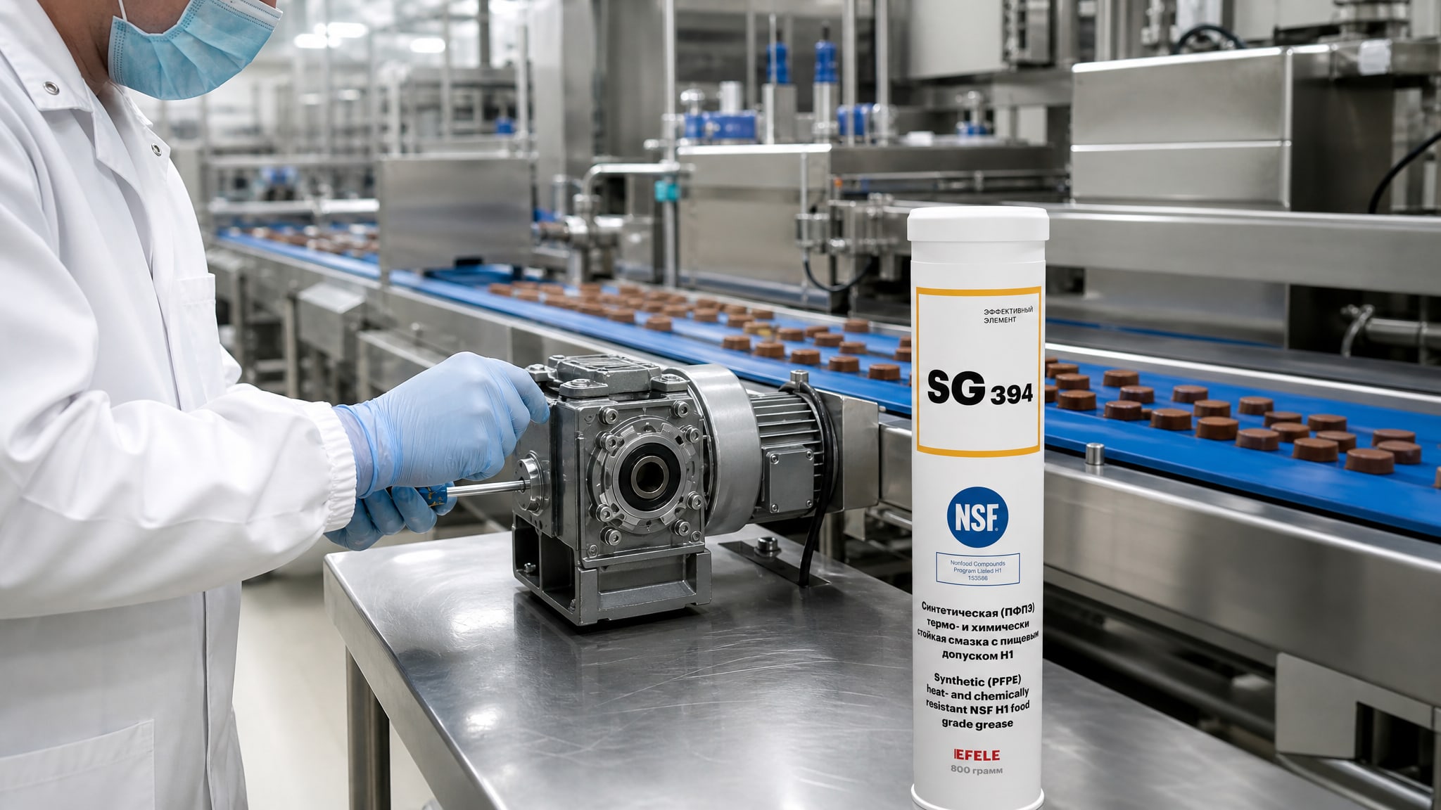 Рука в перчатке наносит EFELE SG-394 на упаковочное оборудование