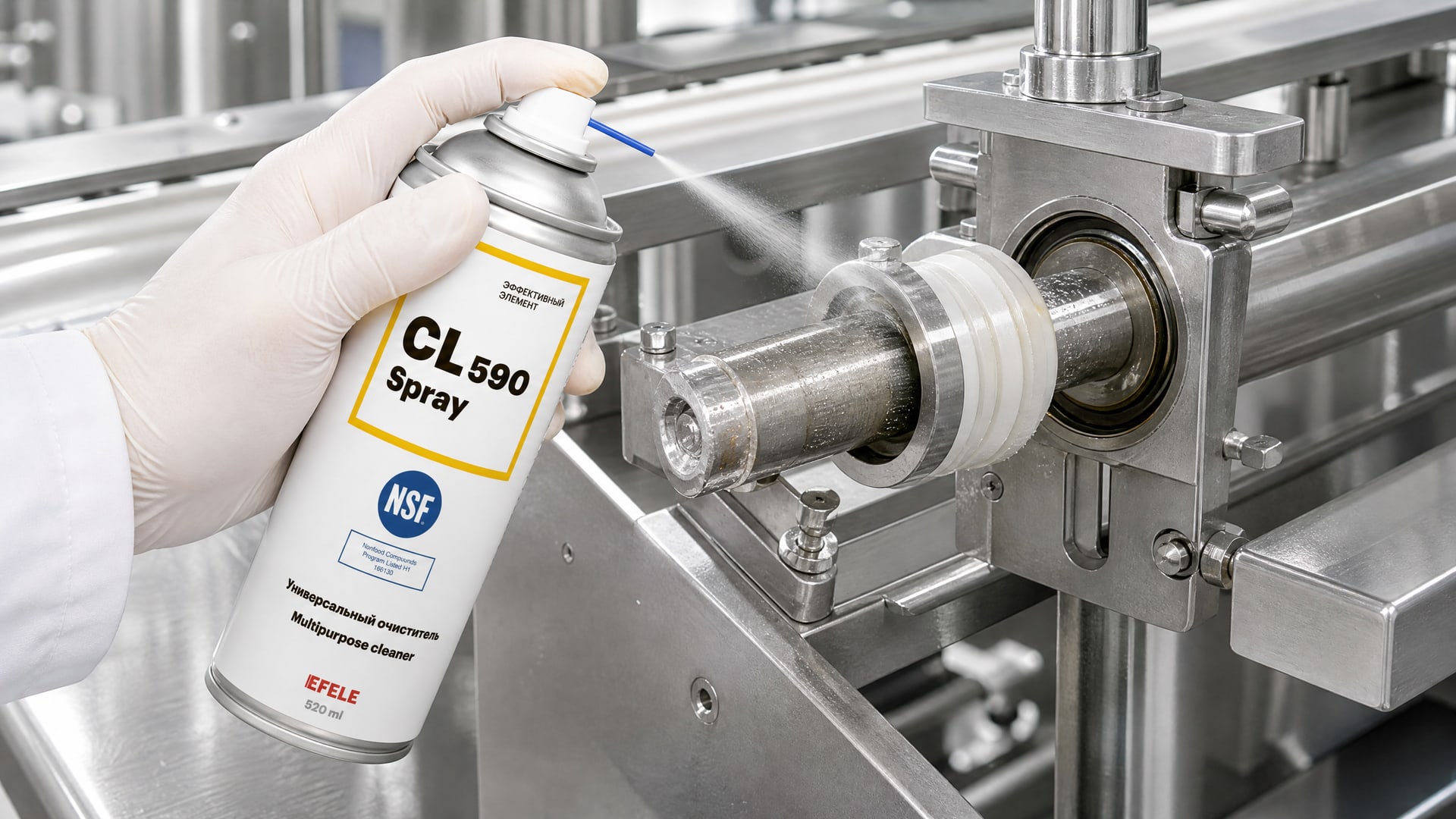 Рука в перчатке распыляет EFELE CL-590 Spray на загрязнение продукта смазкой.