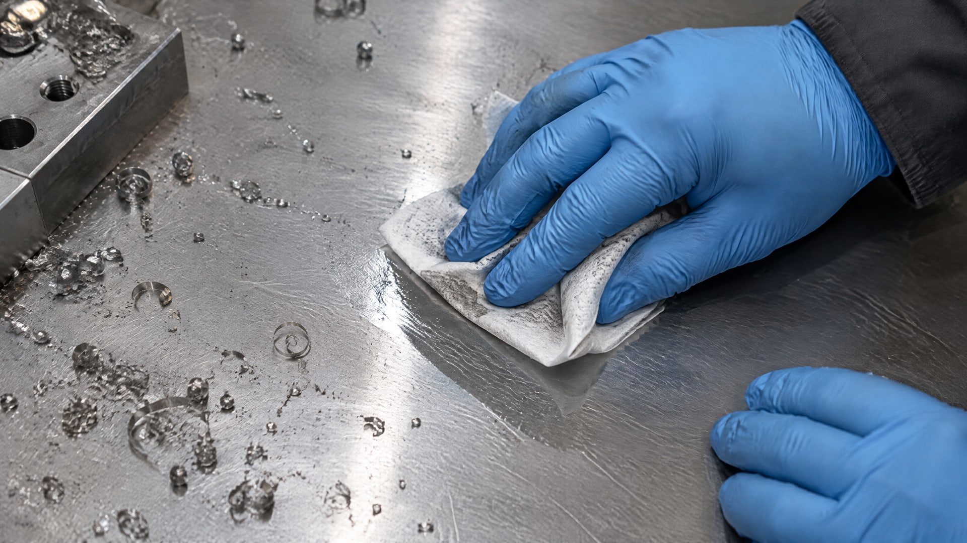 Руки в перчатках тщательно очищают стальную деталь для лучшего нанесения краски по металлу RAL.