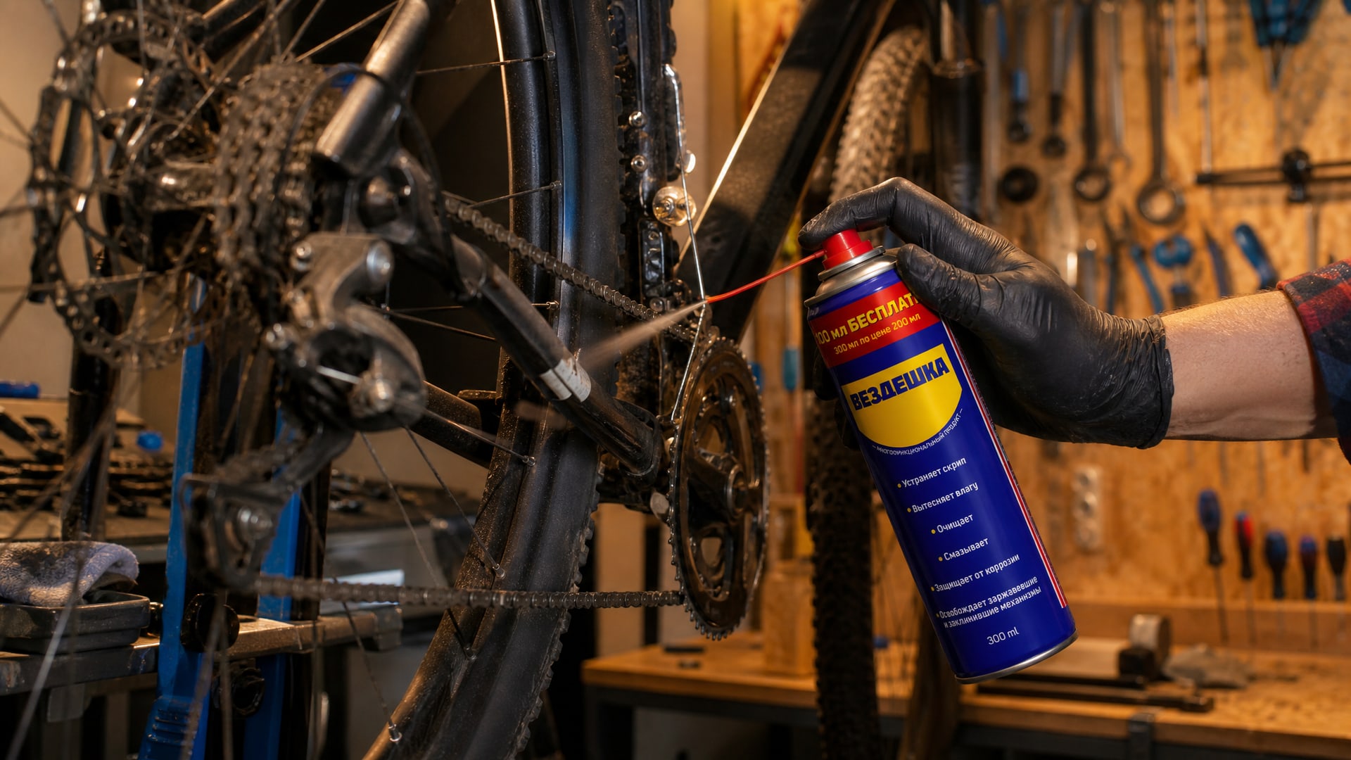 Рука в перчатке наносит универсальную смазку WD40 на цепь.
