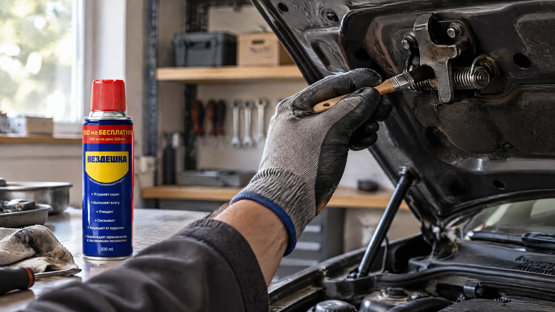 Рука в перчатке наносит универсальную смазку WD40 на защелку капота.