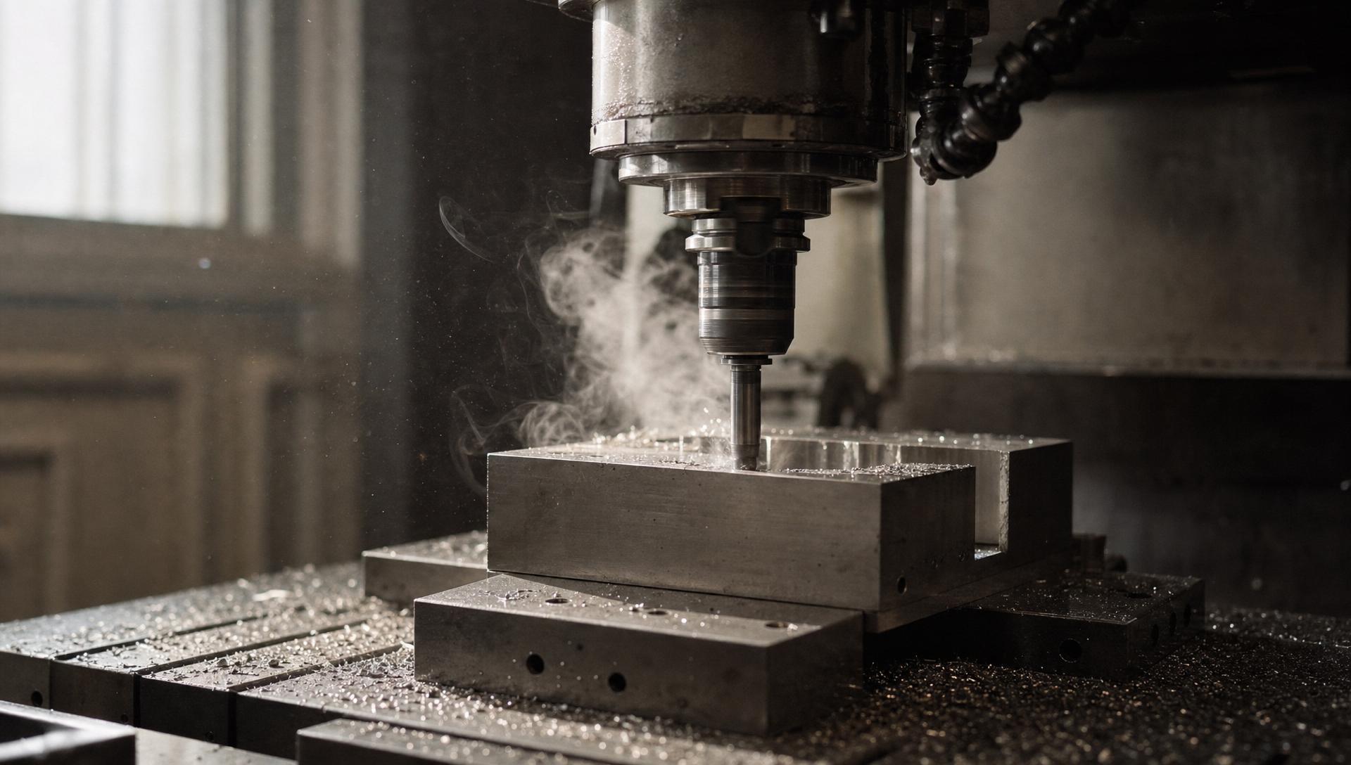 CNC-фрезерный станок обрабатывает блок нержавеющей стали, выделяя тепло и стружку.