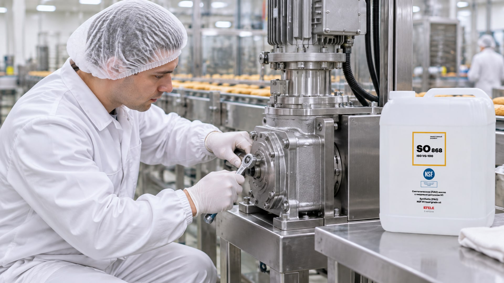 Рука в перчатке наносит EFELE SO-868 (ПАО масло, NSF H1) на редуктор