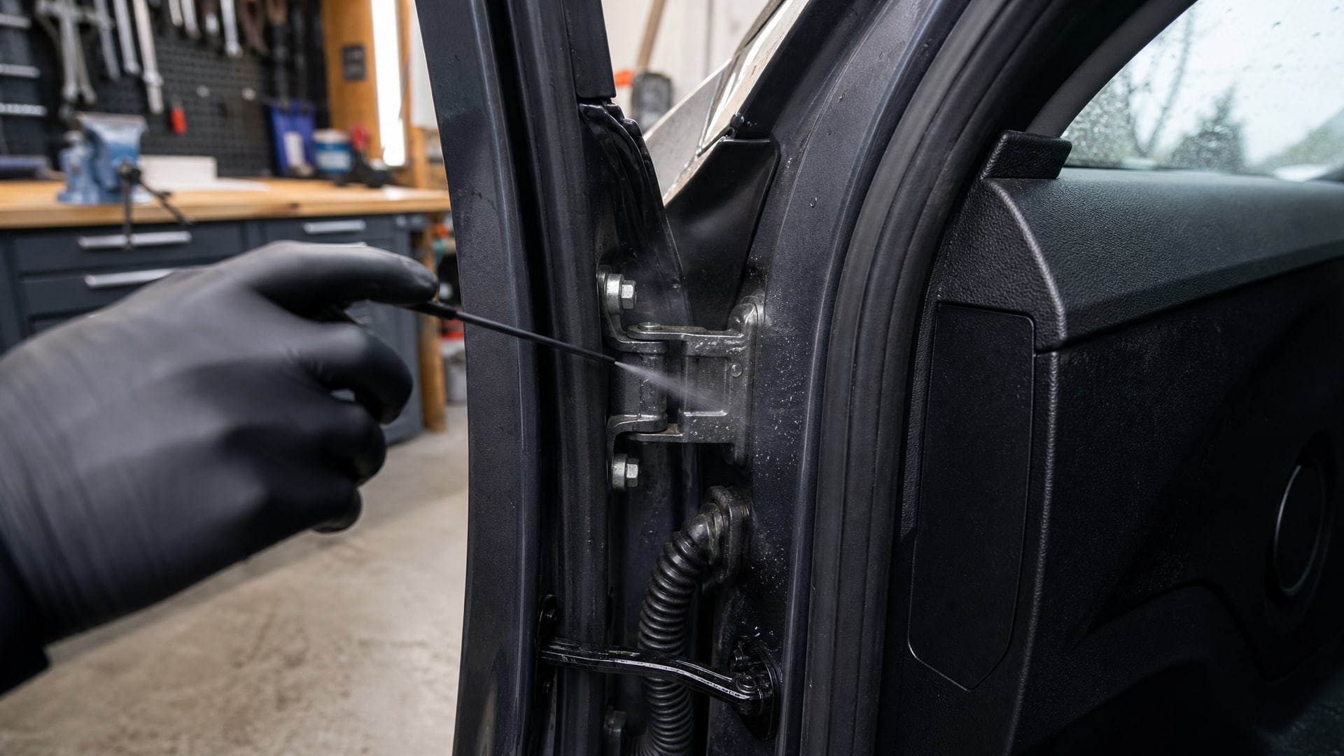 Рука в перчатке наносит прозрачный силиконовый спрей на дверную петлю автомобиля в чистом гараже.