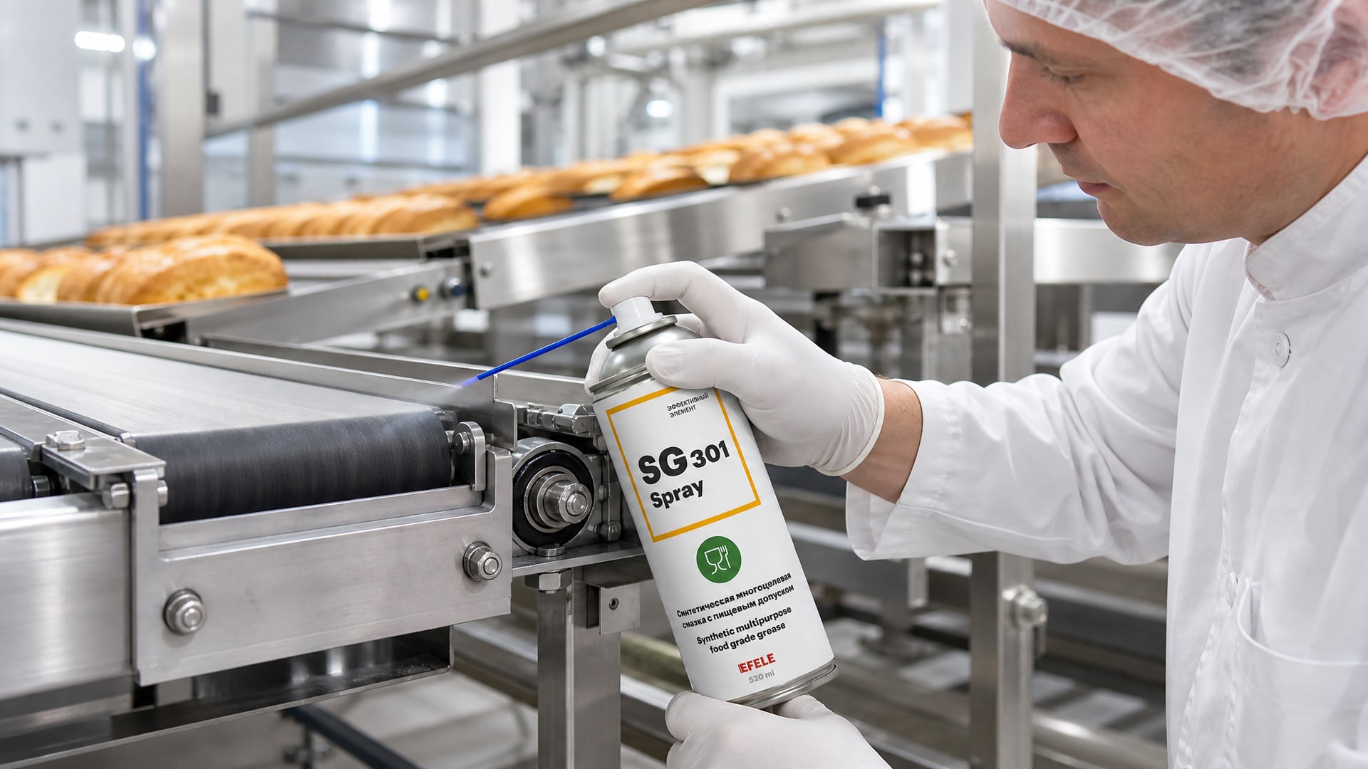 Рука в перчатке наносит EFELE SG-301 Spray (NSF H1) на смазку конвейерной ленты.