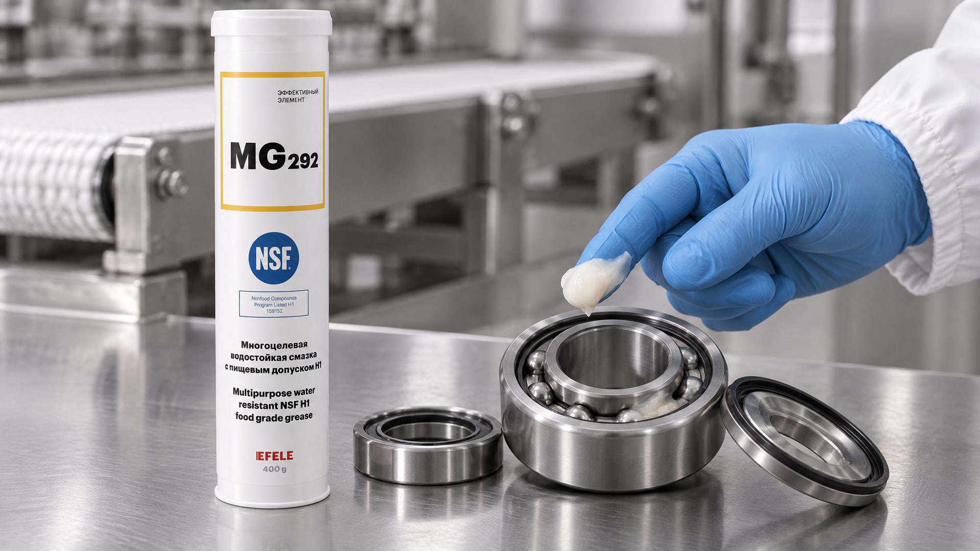 Рука в перчатке наносит EFELE MG-292 (водостойкая, NSF H1) для аудита HACCP.