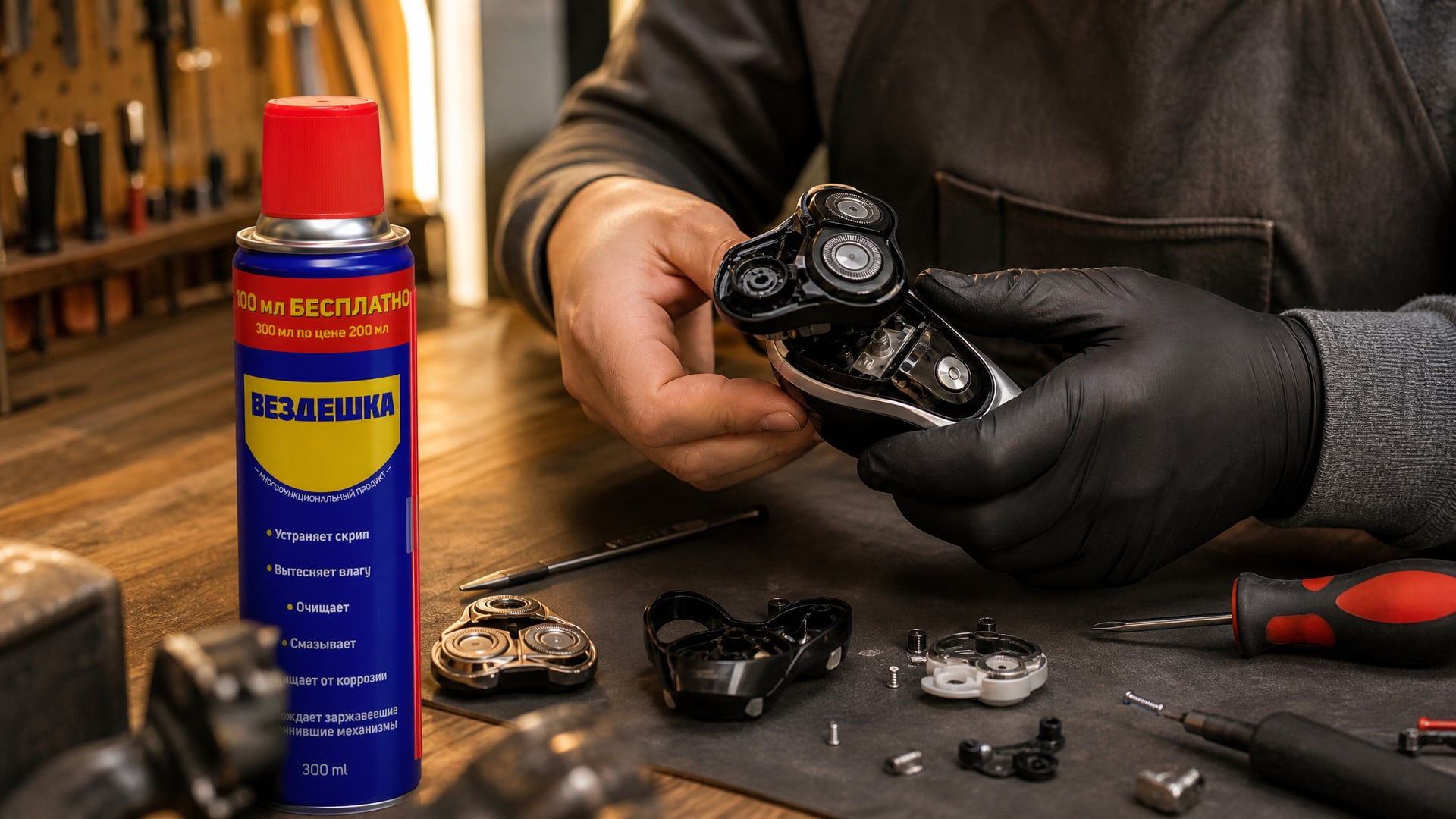 Рука в перчатке наносит универсальную смазку WD-40.