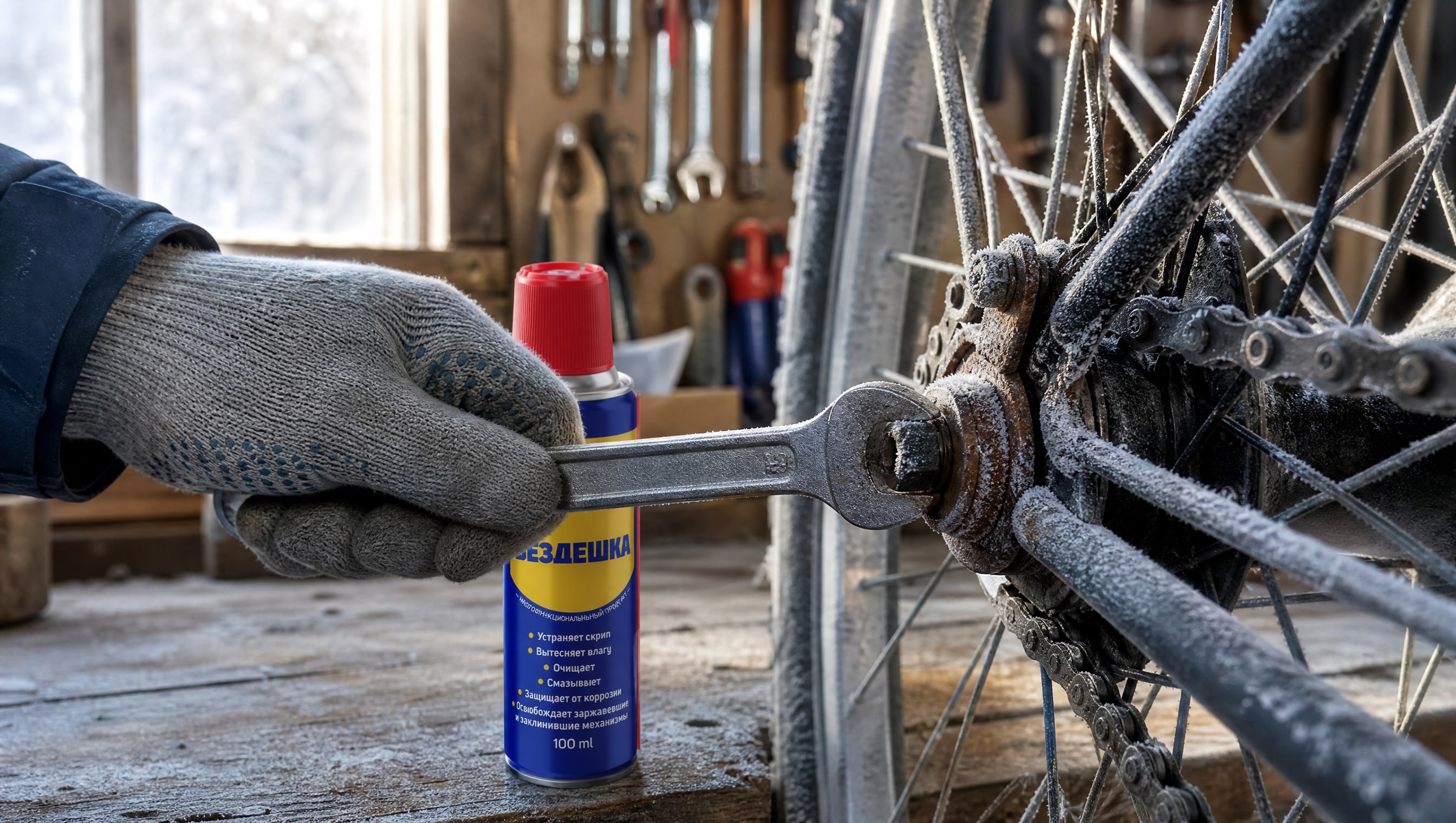 Рука наносит универсальную смазку wd-40 на закисшую резьбу.
