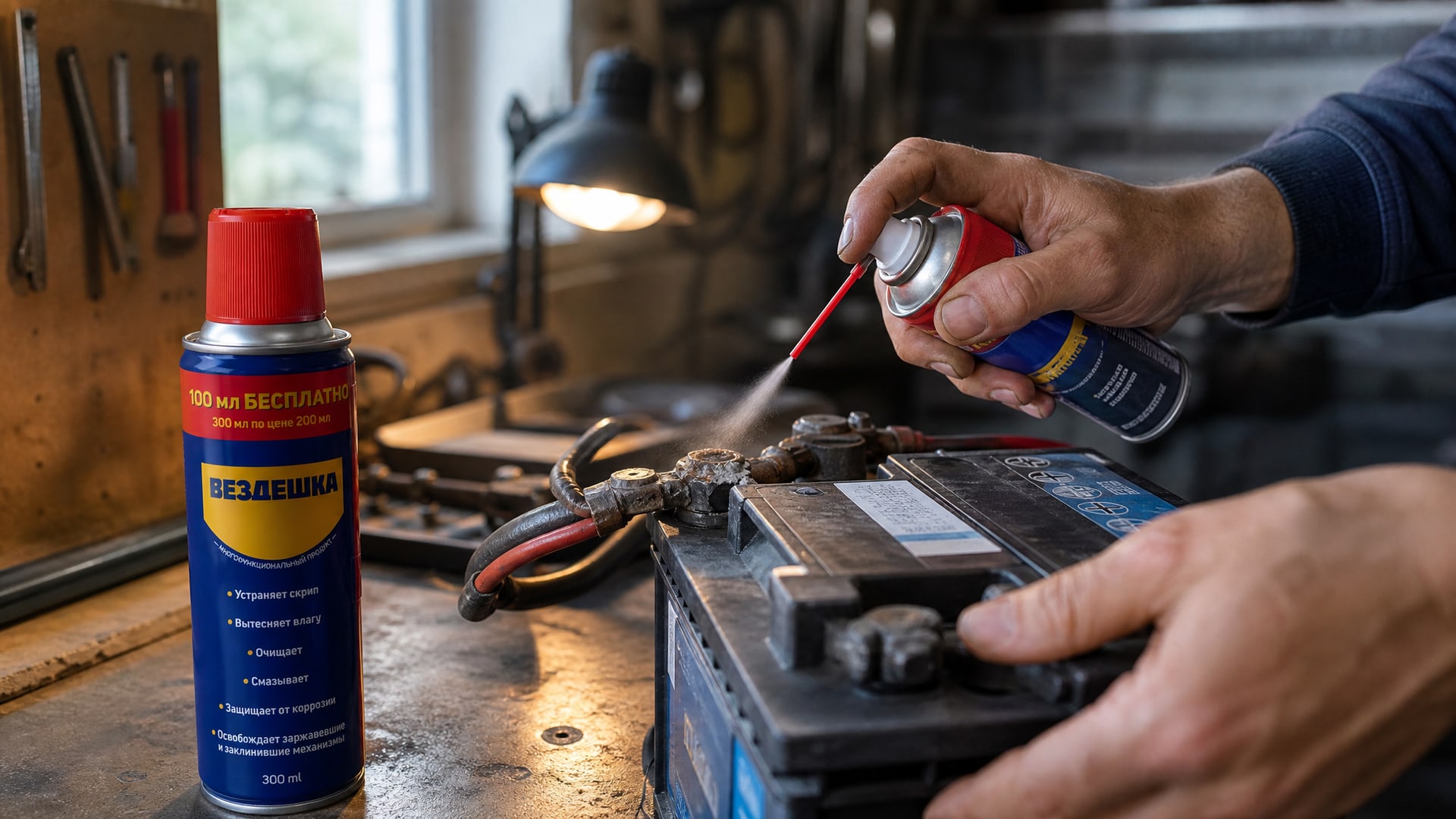 Рука в перчатке наносит универсальную смазку WD40 на электрические контакты.