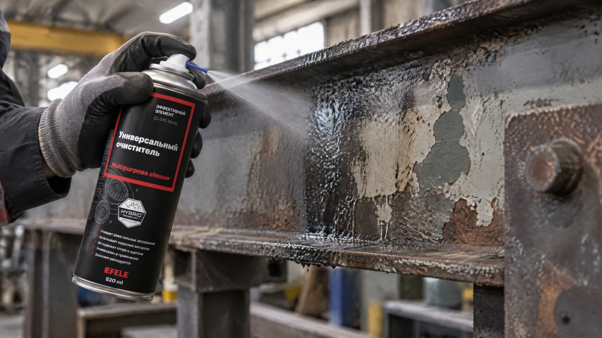 Рука в перчатке наносит EFELE CL-545 Spray на металлическую конструкцию.