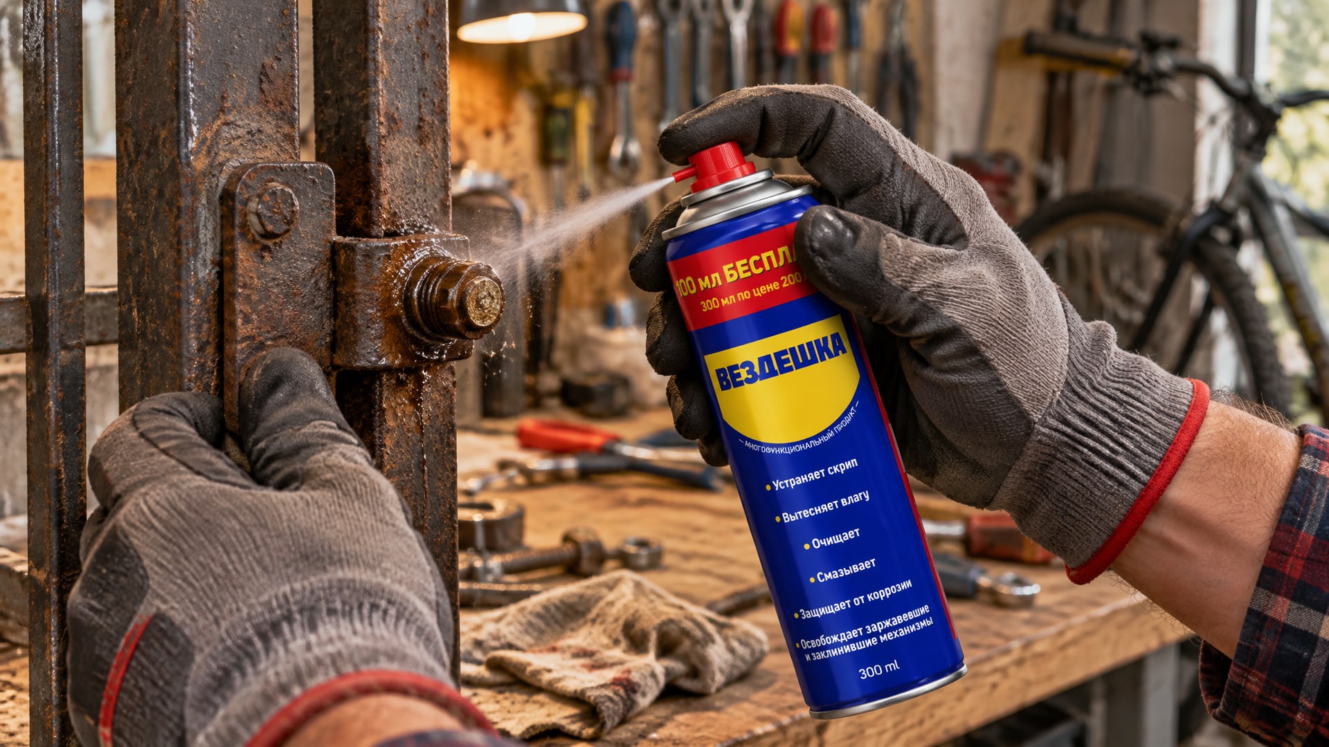 Рука в перчатке распыляет универсальную смазку WD-40 на ржавую резьбу.