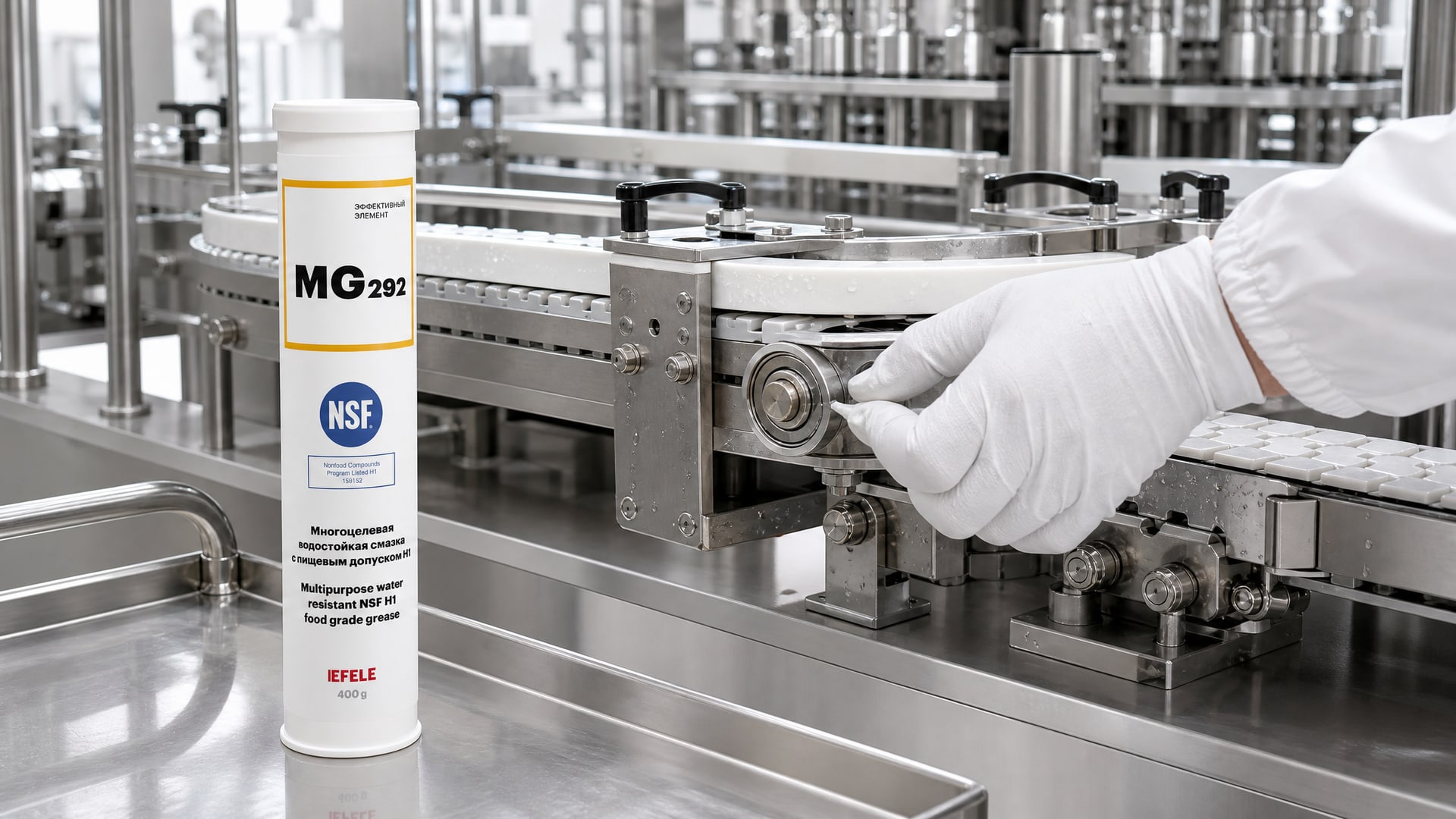 Рука наносит смазку EFELE MG-292 (водостойкая, NSF H1) на оборудование линий розлива.