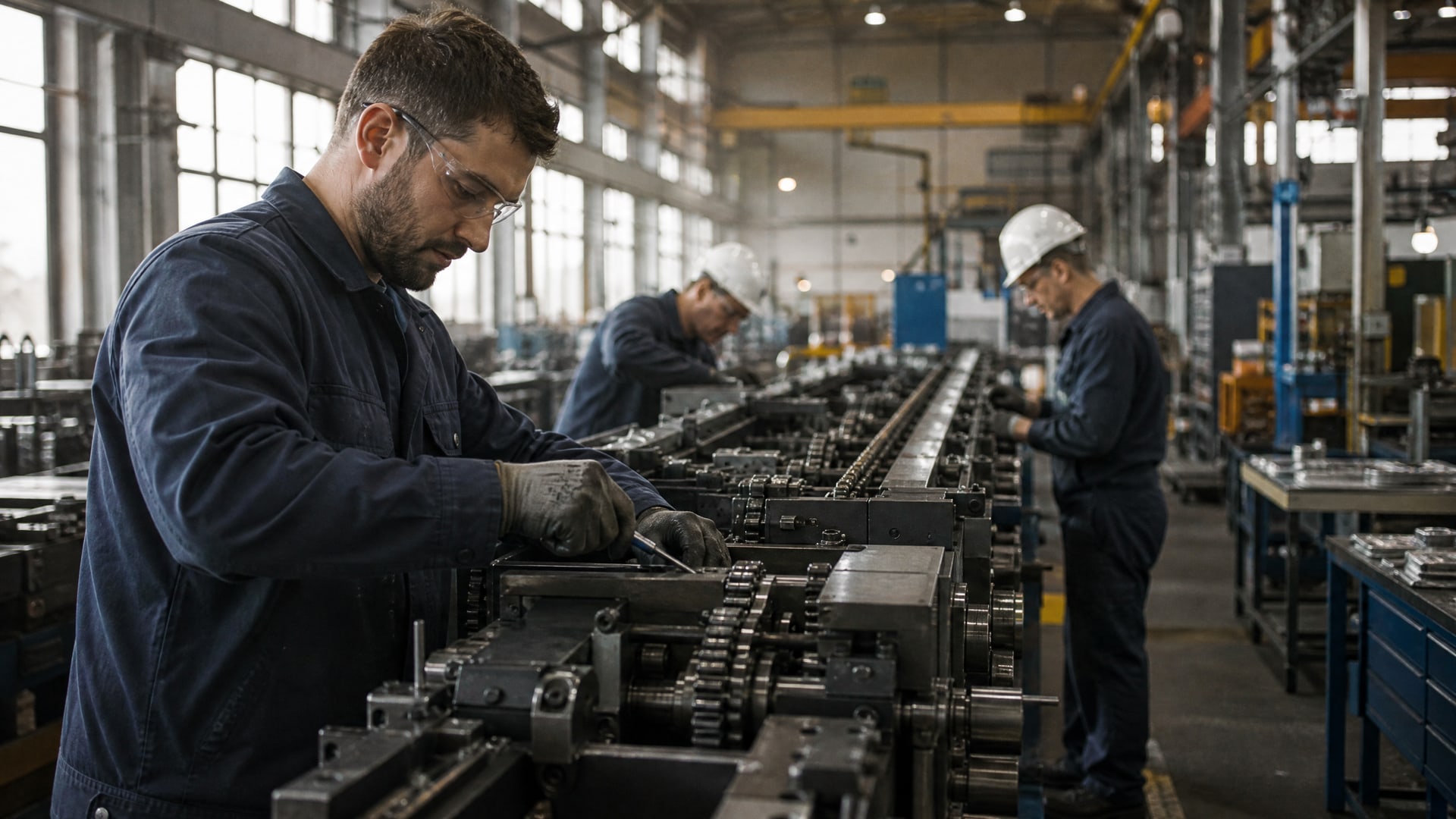 Инженеры работают над сборкой сложного механизма на промышленной линии.