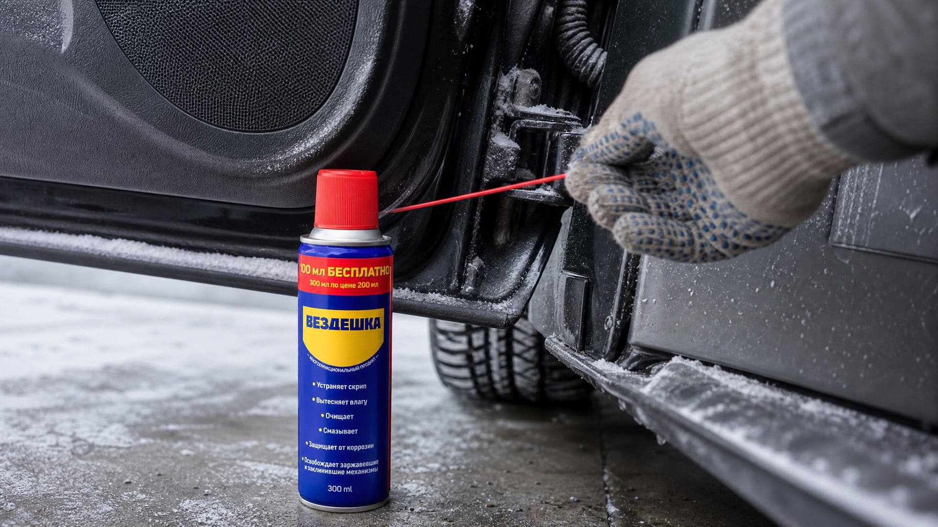 Рука в перчатке наносит универсальную смазку WD-40.