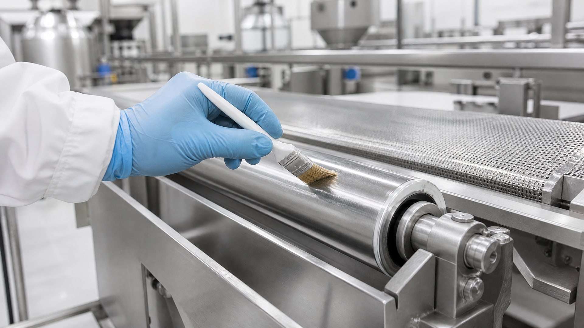 Инженер аккуратно наносит смазки h1 haccp аудит на ролик конвейера щеткой.
