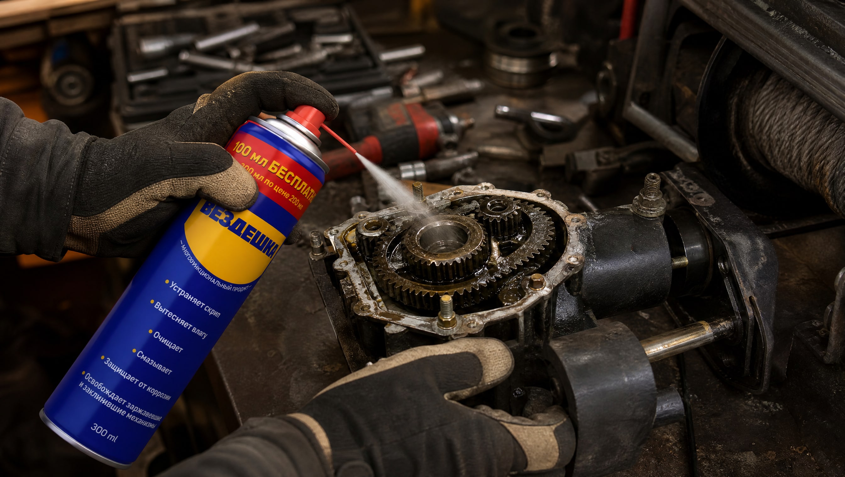 Рука в перчатке наносит универсальную смазку WD40 на детали лебедки.